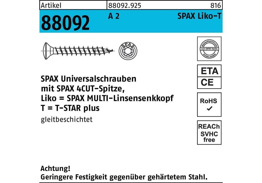 SPAX Senkschraube Schraube R 88092 Linsenkopf/T-STAR 4 x 45/40-T20 A 2