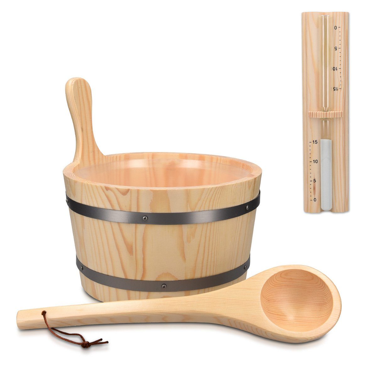 Sauna-Aufgussset Saunakübel aus Holz mit Kelle und Sanduhr - 5L mit Kunststoffeinsatz