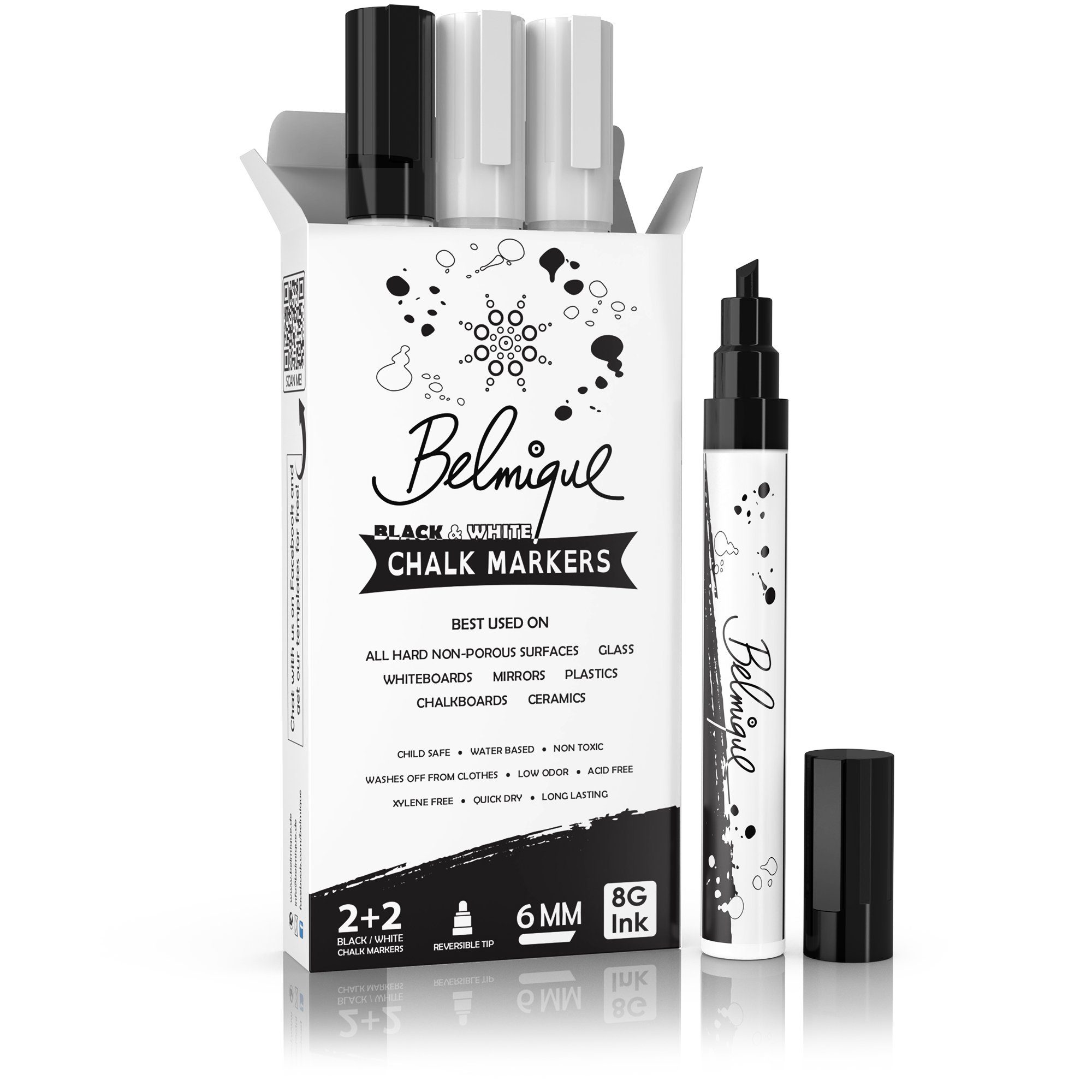 Belmique Malkreide Мелmarker, (4 pack, 4-tlg., Schwarz und Weiß), Ideal als Мелstifte, Fensterstifte, Tafelstifte