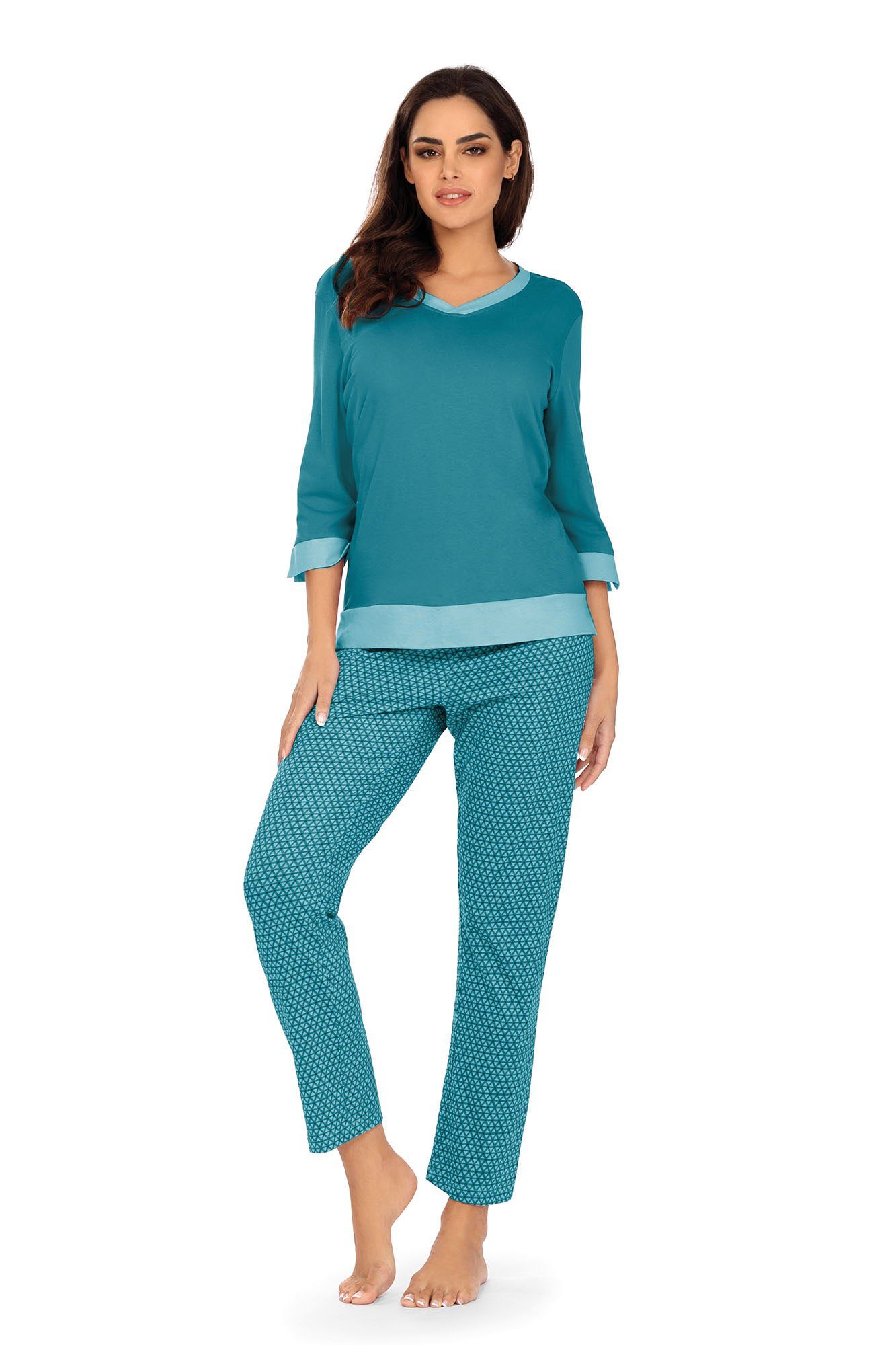 Comtessa Damen Schlafanzug Langarm - Baumwolle Pyjama Mit Nelkenmuster