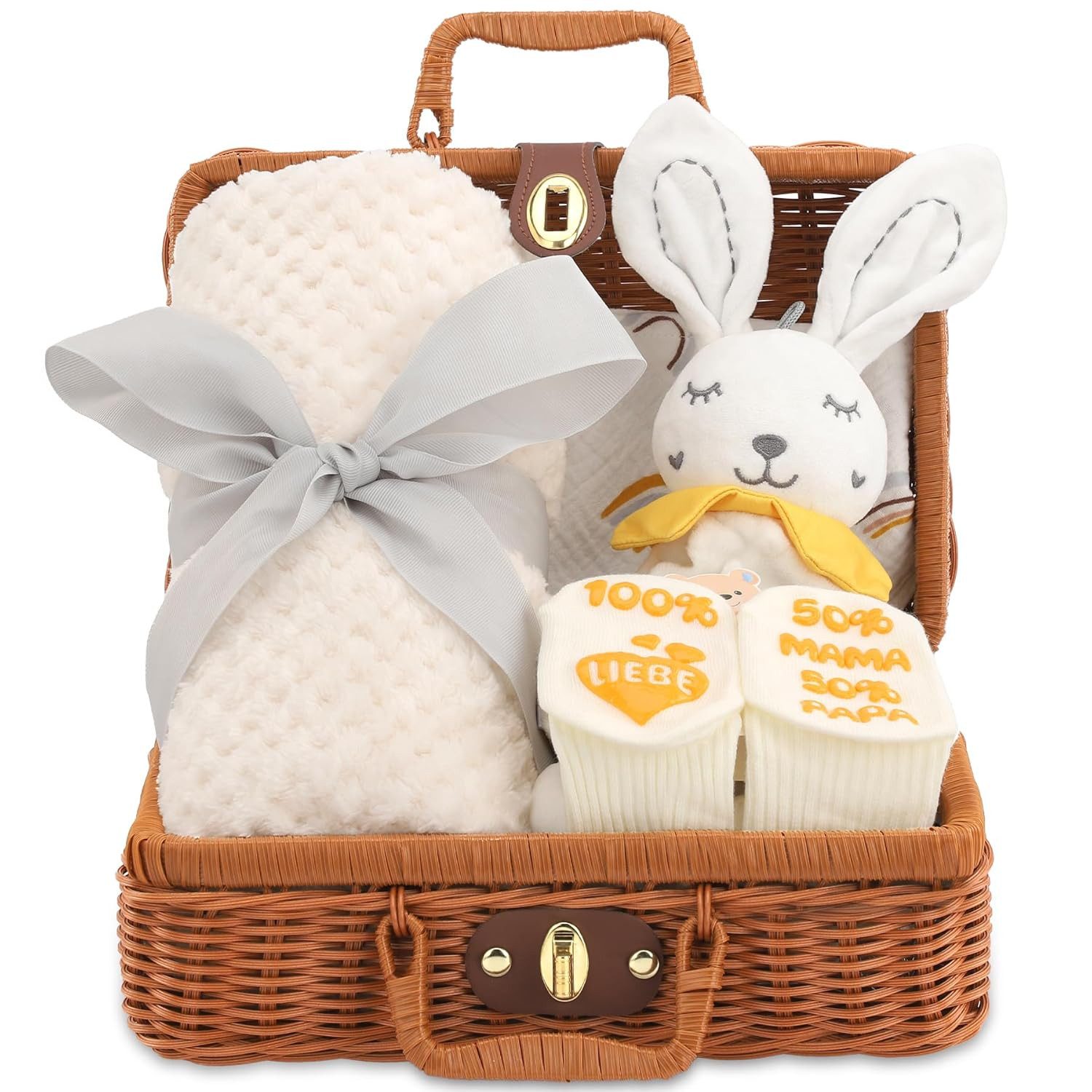 POPOLIC Neugeborenen-Geschenkset Baby Geschenkset mit Geschenkkorb, Decke, Lätzchen, Beruhigungstuch (2-tlg., Socken, Holz-Beißring, Meilensteinkarten (Weiß) Neugeborenen Geschenk, Baby Geschenk Mädchen und Junge