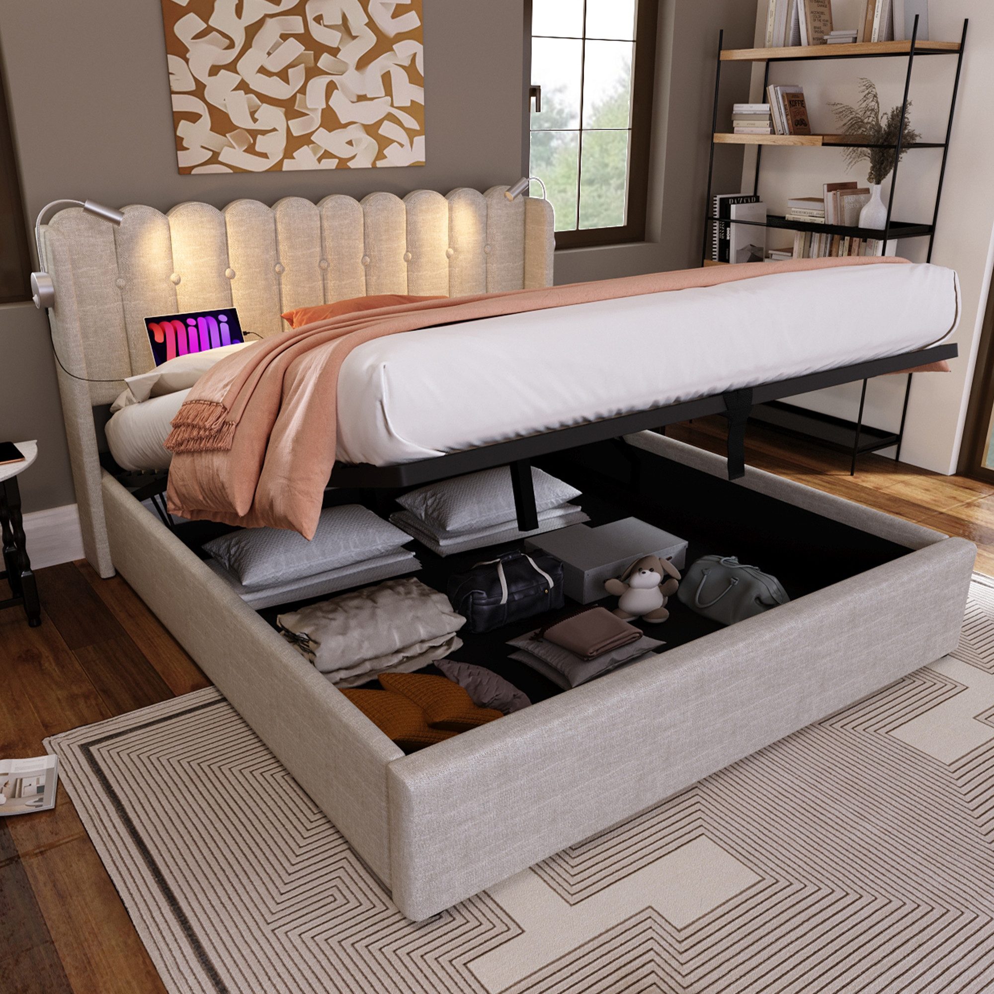 Flieks Polsterbett, Hydraulisches Stauraumbett mit Leselicht und Ladefunkti günstig online kaufen