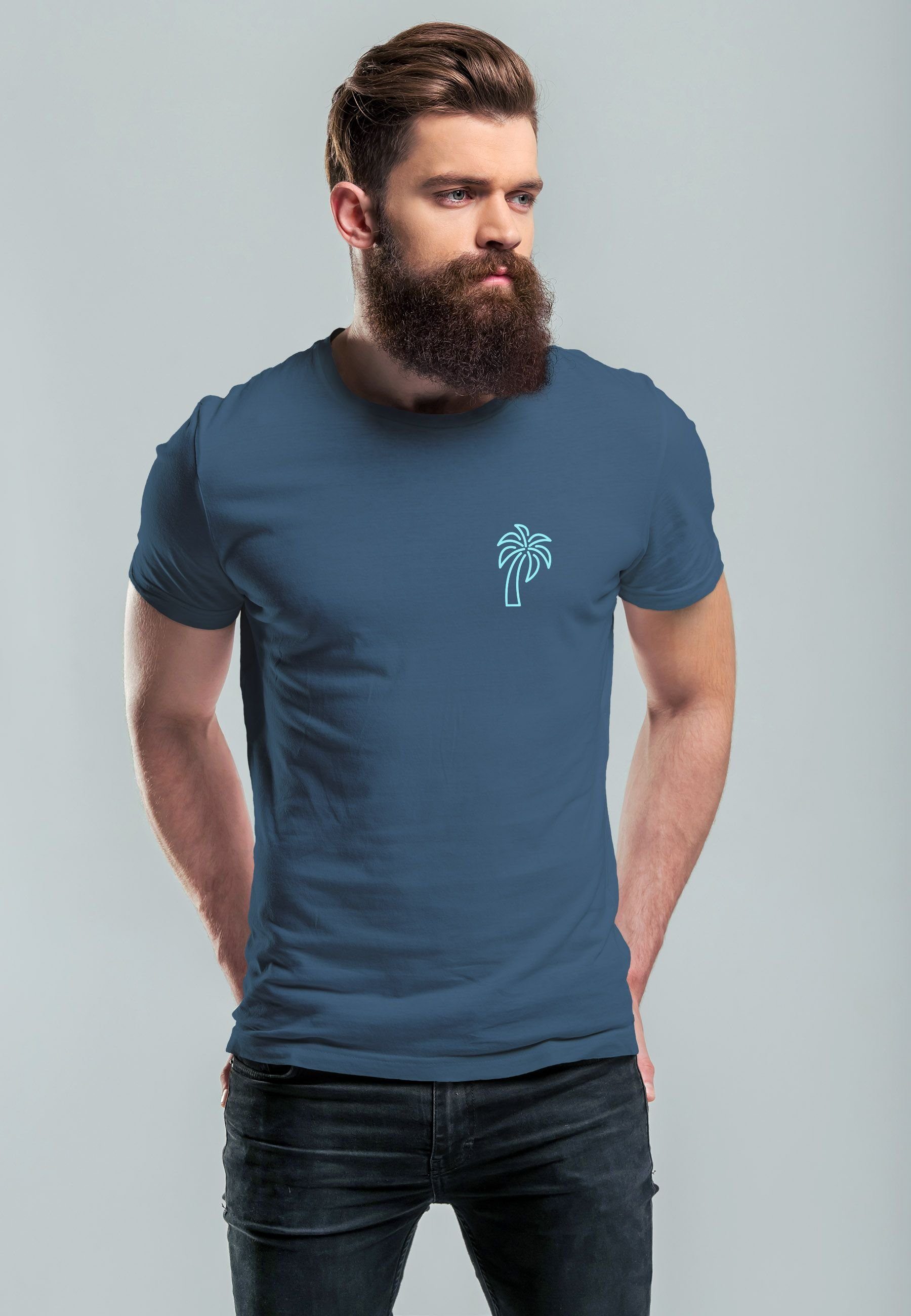 T-Shirt Emblem denim-blau Palme mit Sommer Minimal Logo Neverless F Herren Art Print Line Print-Shirt Print Badge