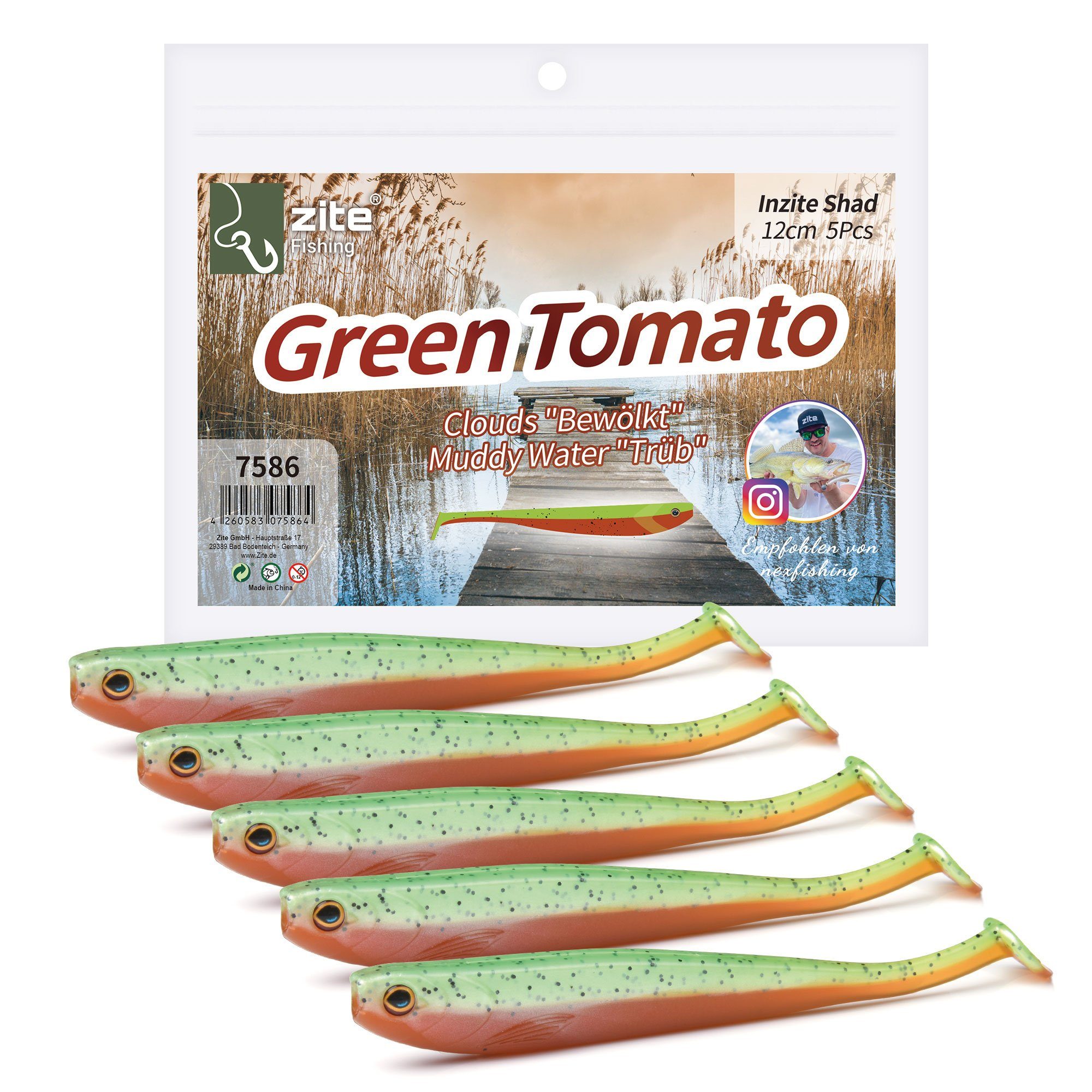 Zite Kunstköder Inzite Shad Green Tomato - Zander Gummiköder 12 cm, (5-St), UV aktiv, Raubfischköder, Mit Rückentasche
