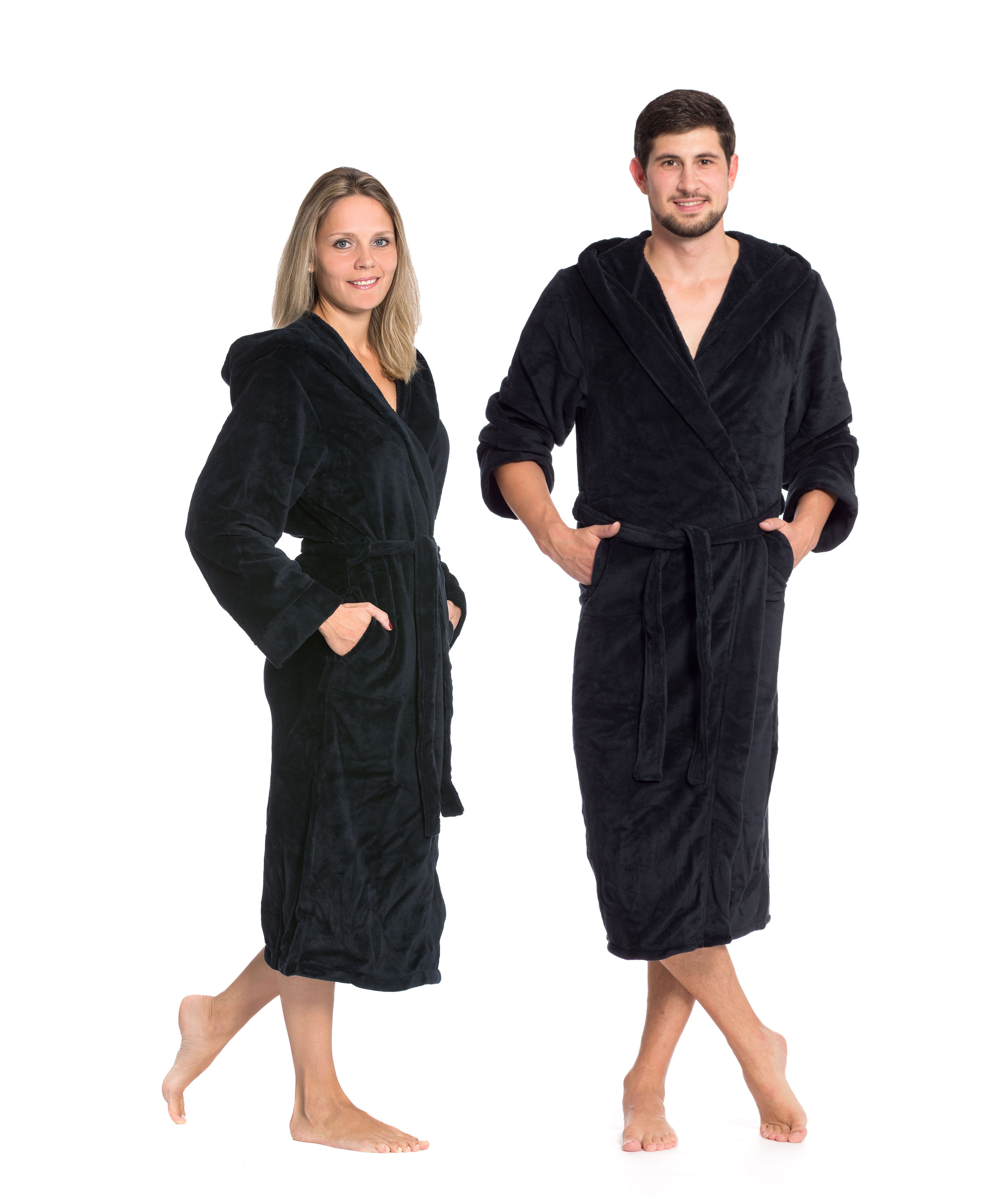 ZOLLNER Unisex-Bademantel, 100% Polyester, Kapuze, Gürtel, Kapuze, 100% Polyester, vom Hotelwäschespezalisten, S-XXL schwarz