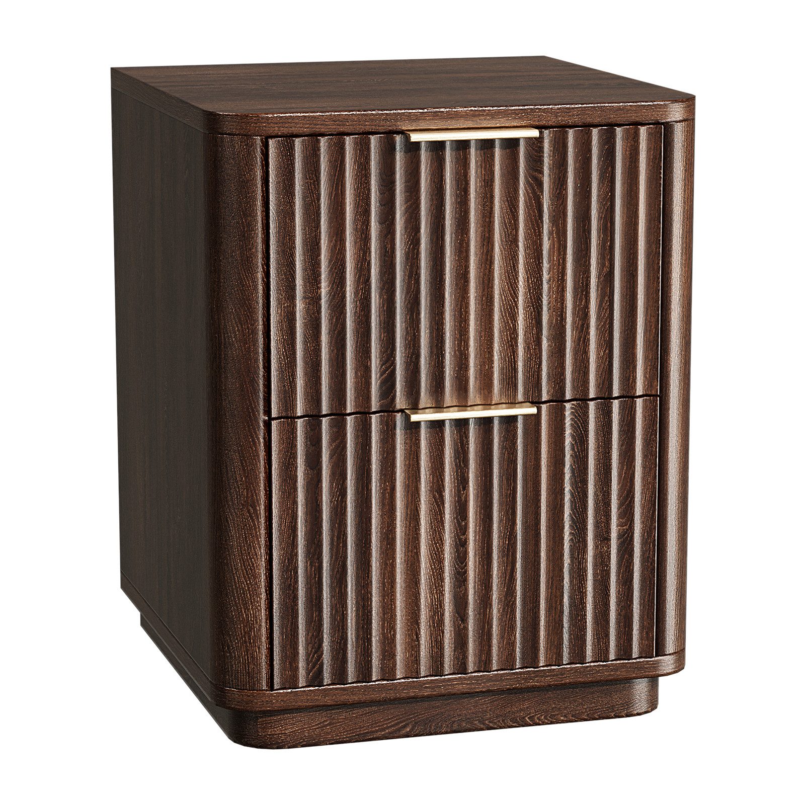 VINGLI Nachttisch 2 Schublade, mit geriffelten Türen, 45,6x35x61 cm, Eiche/Nussbaum, Nachtschrank, Beistelltisch modern, goldener Griff, abgerundete Kanten