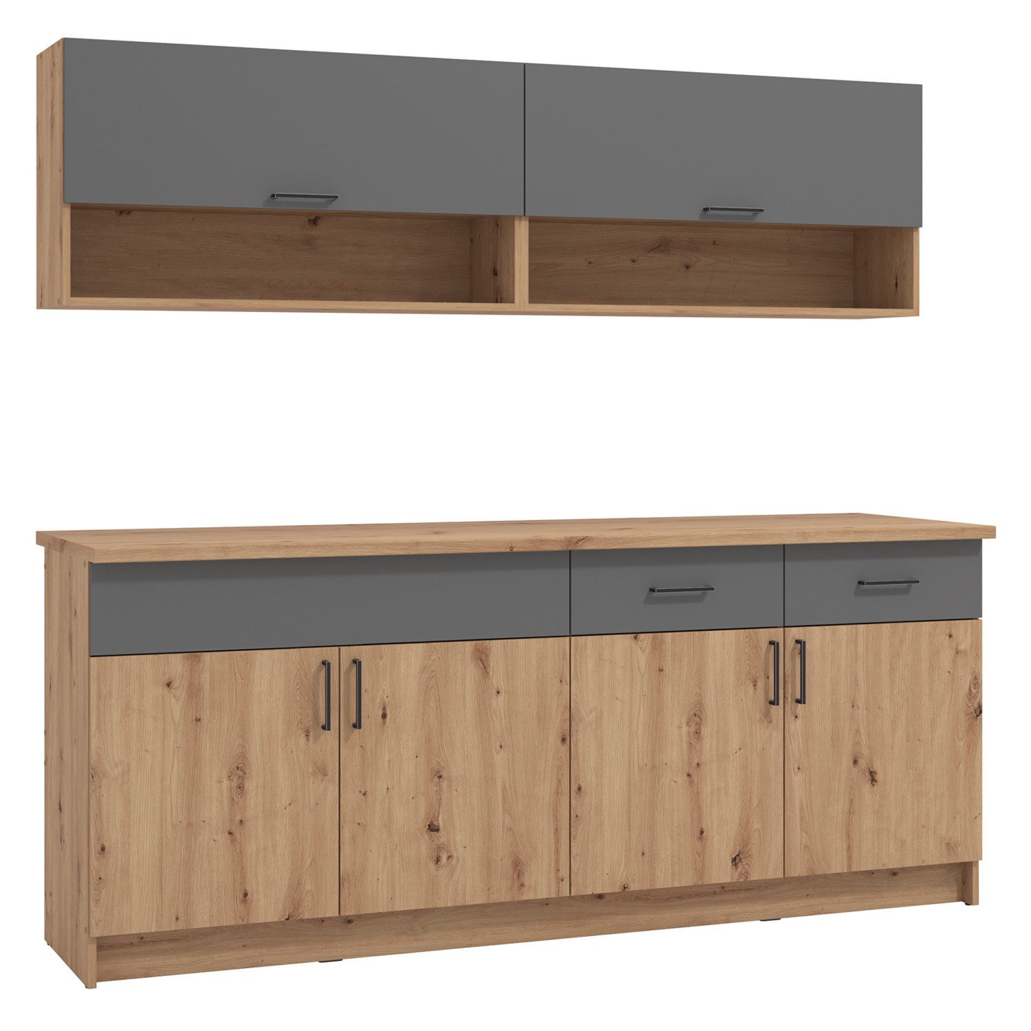 Homestyle4u Küchenzeile Küchenzeile ohne Geräte 200 cm Grau Eiche Küchenblock Holz