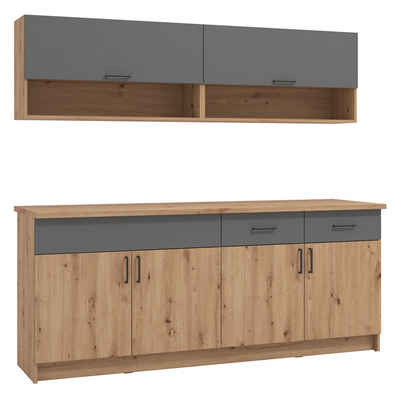 Homestyle4u Küchenbuffet Küchenzeile ohne Geräte 200 cm Grau Eiche Küchenblock Holz