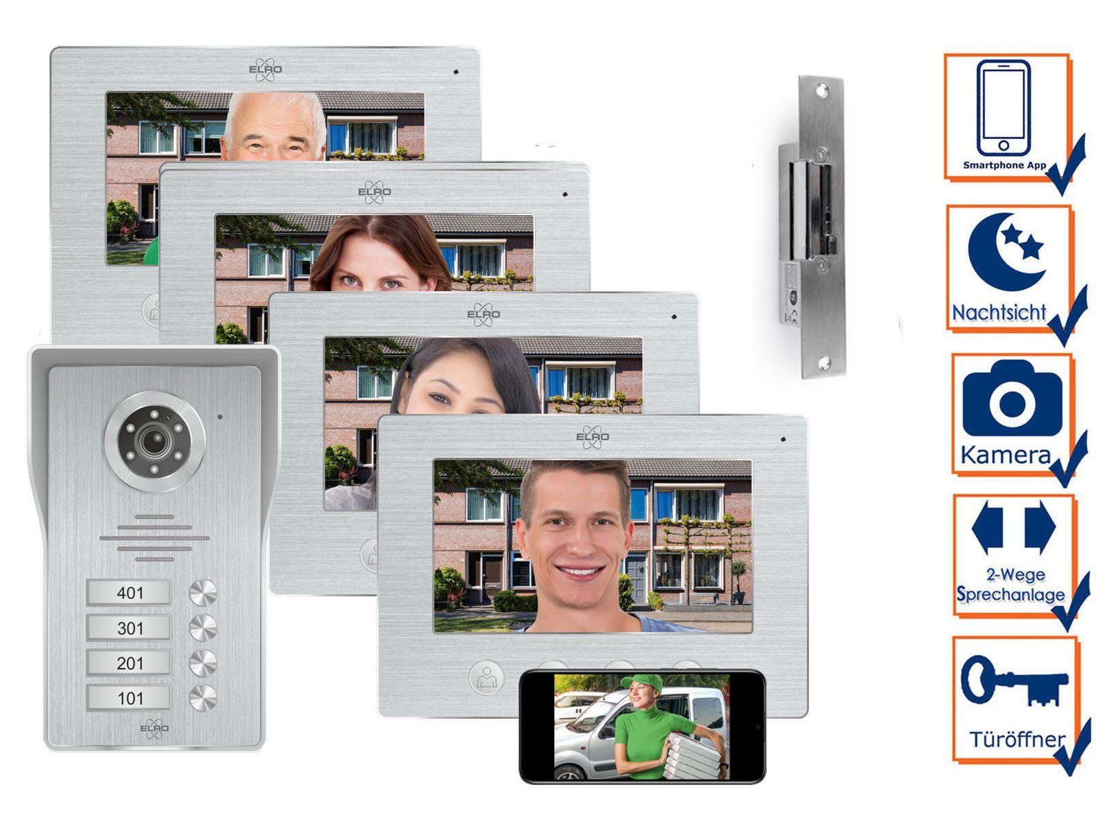 Elro Smart Home Türklingel Frei-Sprechanlage (Innenbereich, Kamera Wechsel Haustürklingel & IP Außenbereich, Mehrfamilienhaus)
