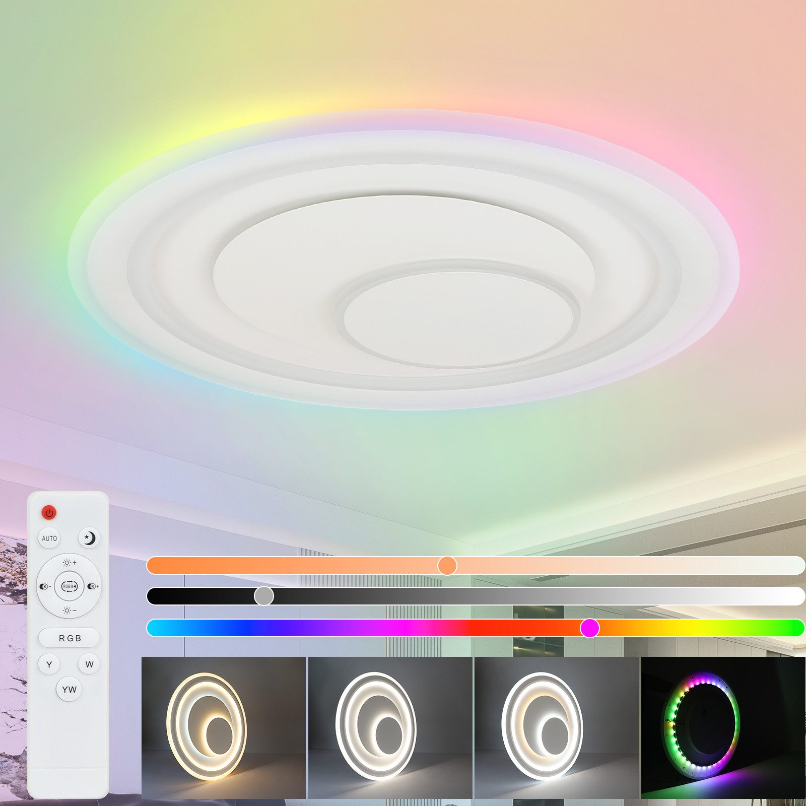 ZMH LED Deckenleuchte Acryl Modern Rund mit RGB Hintergrundleuchtung ∅50cm, Einstellbare Farbtemperatur, LED fest integriert, 3000-6500K+RGB, Rund Küchenlampe Design, für Wohnzimmer Schlafzimmer