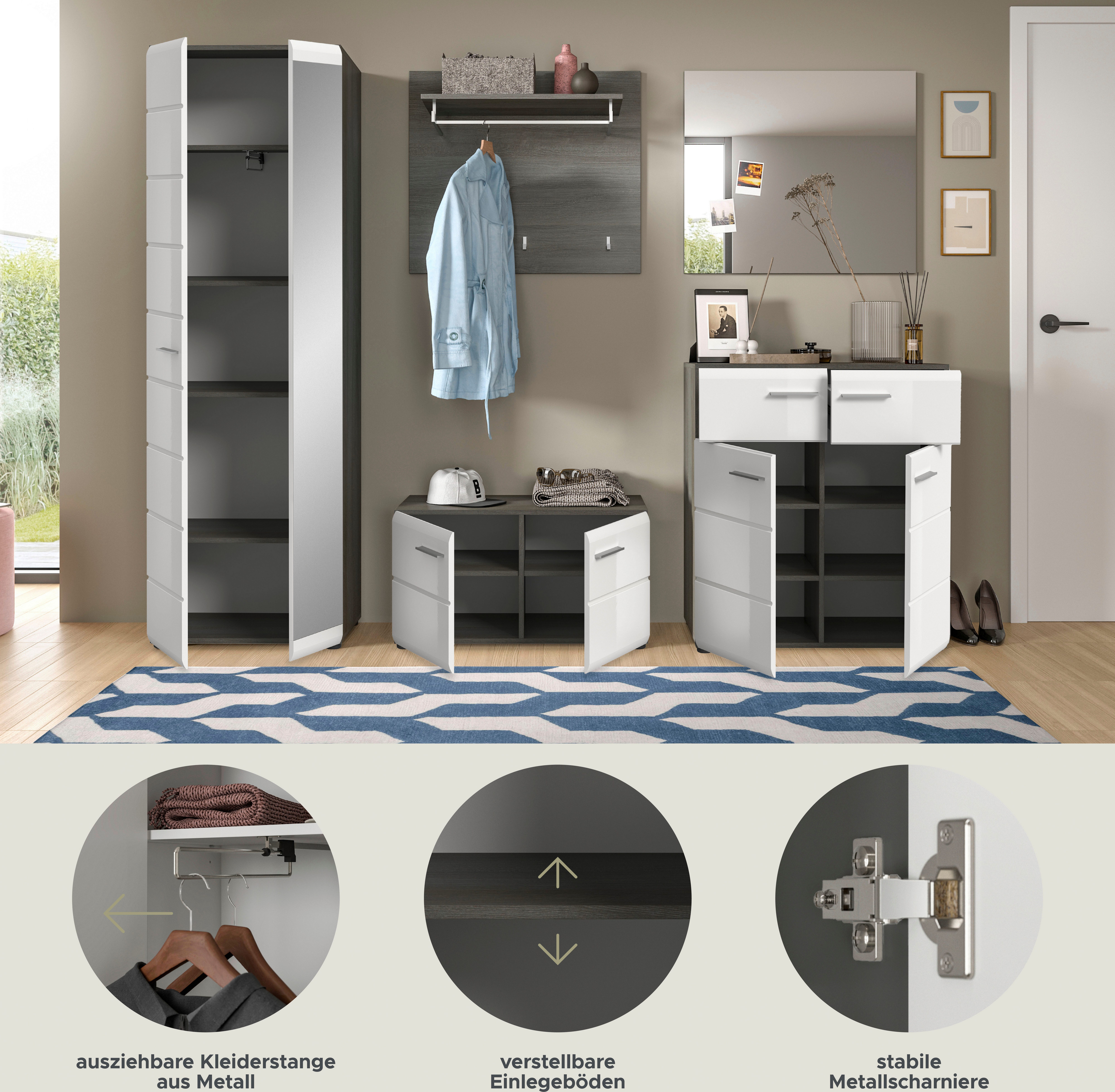 Home affaire Garderoben-Set Rumba, 5-teilig, Breite 250 cm, Hochglanz Front, bestehend aus:, (5-St), Garderobenschrank, Sitzbank, Garderobenpaneel, Schuhschrank, Spiegel