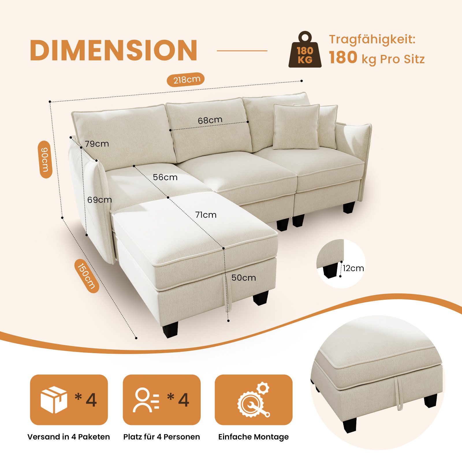 Urhanherry Sofa Modulares Sofa aus weichem Chenillestoff – perfekt fürs Wohnzimmer, 2 Teile, 4‑Sitzer Ecksofa mit Hocker und Stauraum