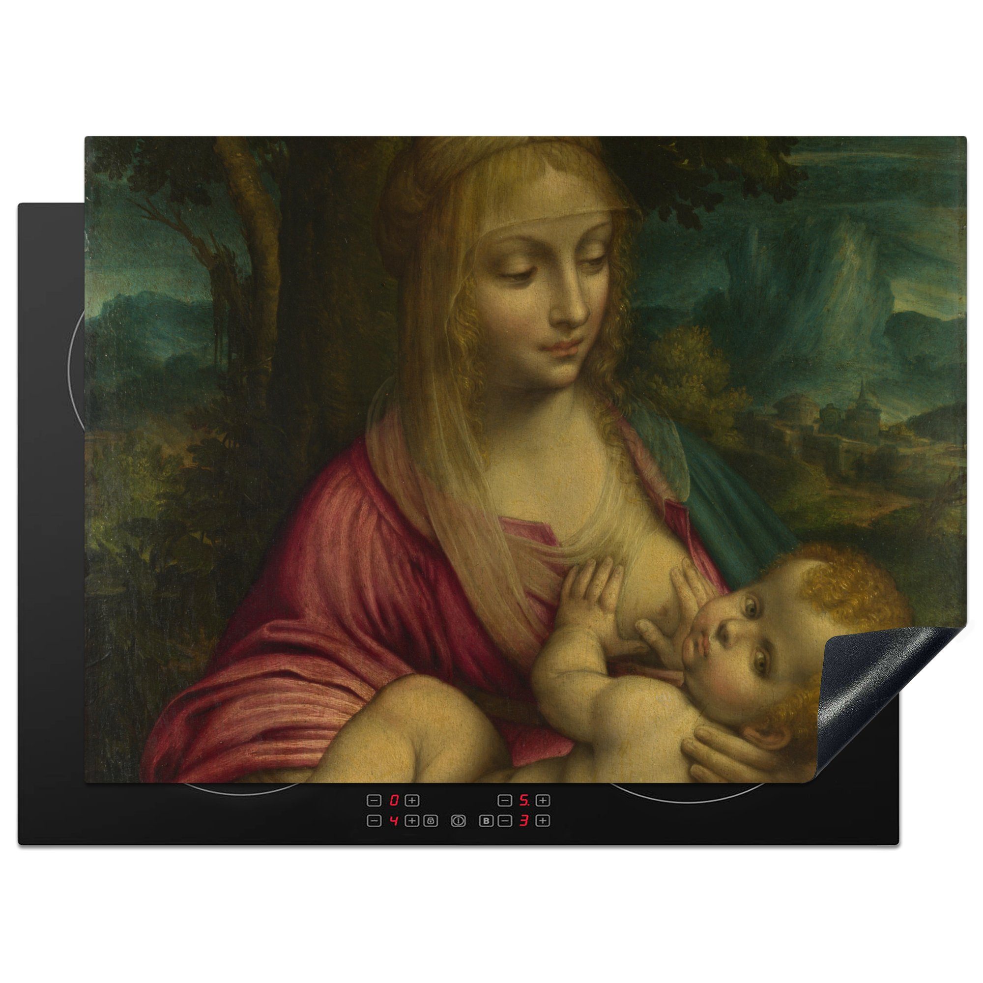 MuchoWow Herdblende-/Abdeckplatte Die Jungfrau mit dem Kind - Leonardo da Vinci, Vinyl, (1 tlg), 70x52 cm, Mobile Arbeitsfläche nutzbar, Ceranfeldabdeckung