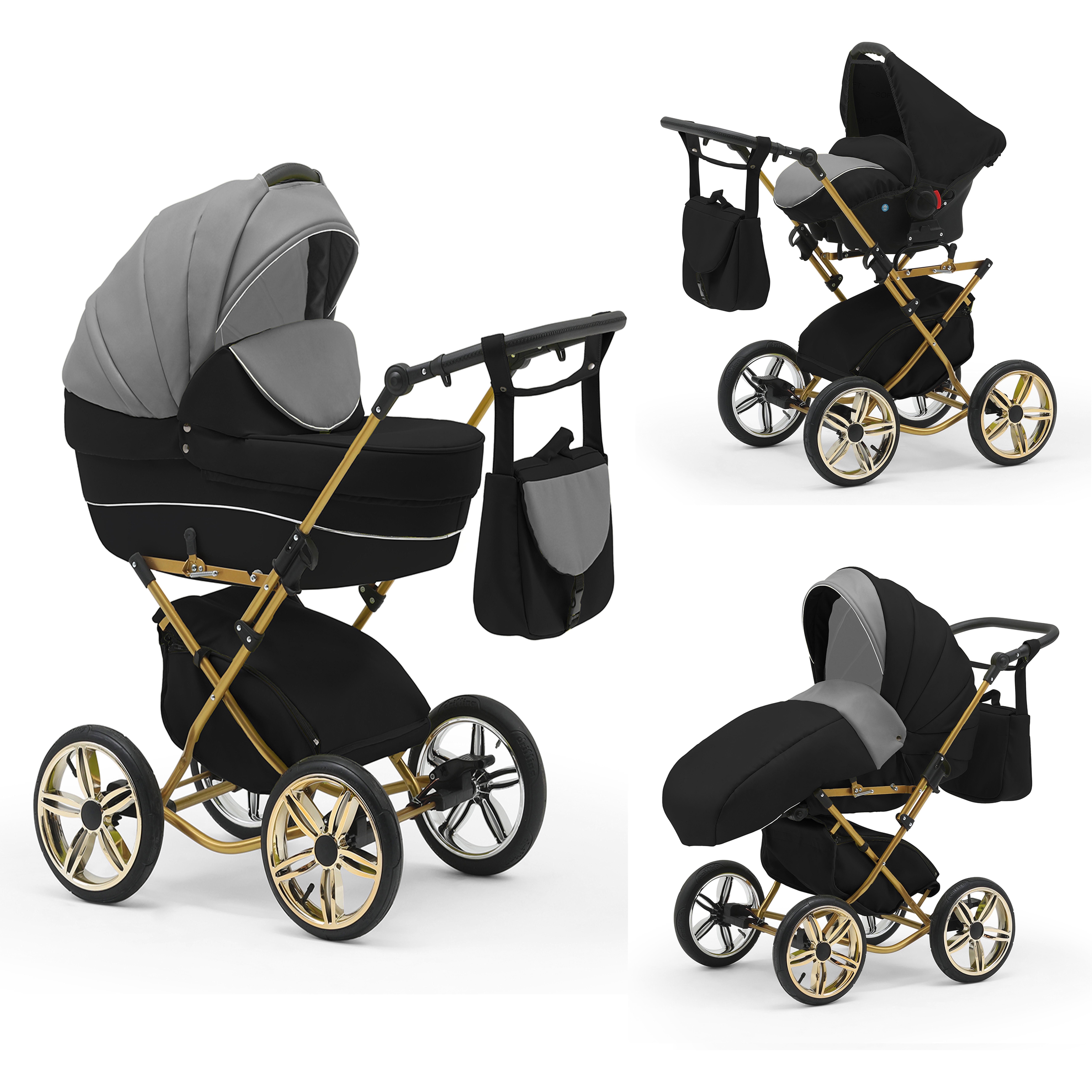 babies-on-wheels Kombi-Kinderwagen Sorento 3 in 1 inkl. Autositz - 13 Teile - in 10 Designs Grau-Schwarz