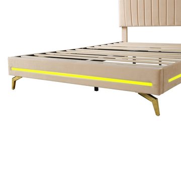 OKWISH Polsterbett mit LED-Leuchten und Lattenrost, Samtstoff, mit verstellbarem Kopfteil (Doppelbett für Erwachsene und Jugendliche 140 x 200 cm), ohne Matratze