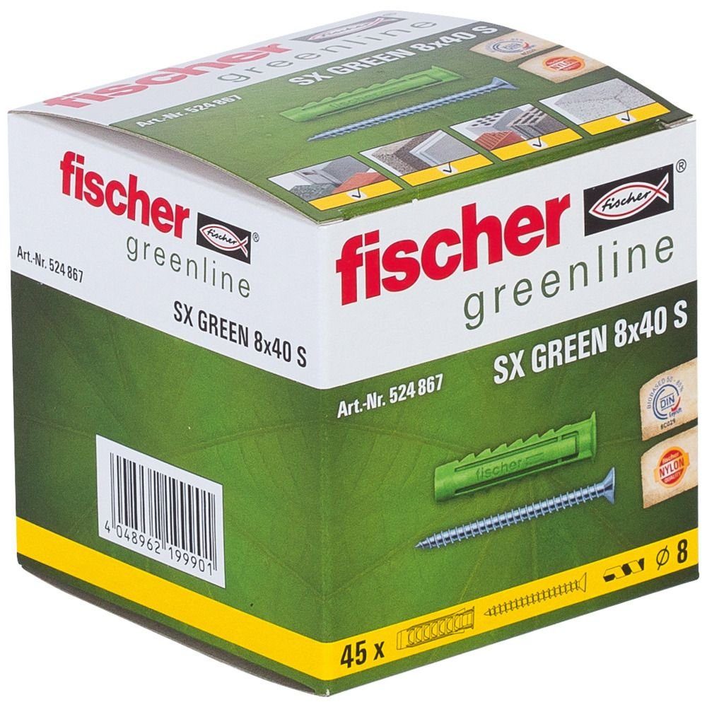 und fischer - 45 Fischer green mm 40 Spreizdübel SX 8.0 x Schrauben- Dübel-Set