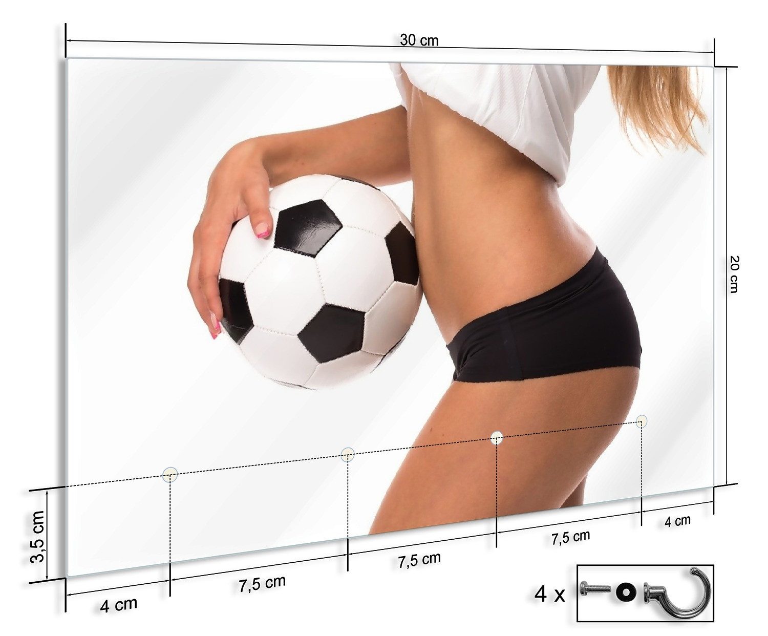Wallario Handtuchhalter Fußball - sexy Frau mit einem Fußball, aus Glas mit 4 Metallhaken