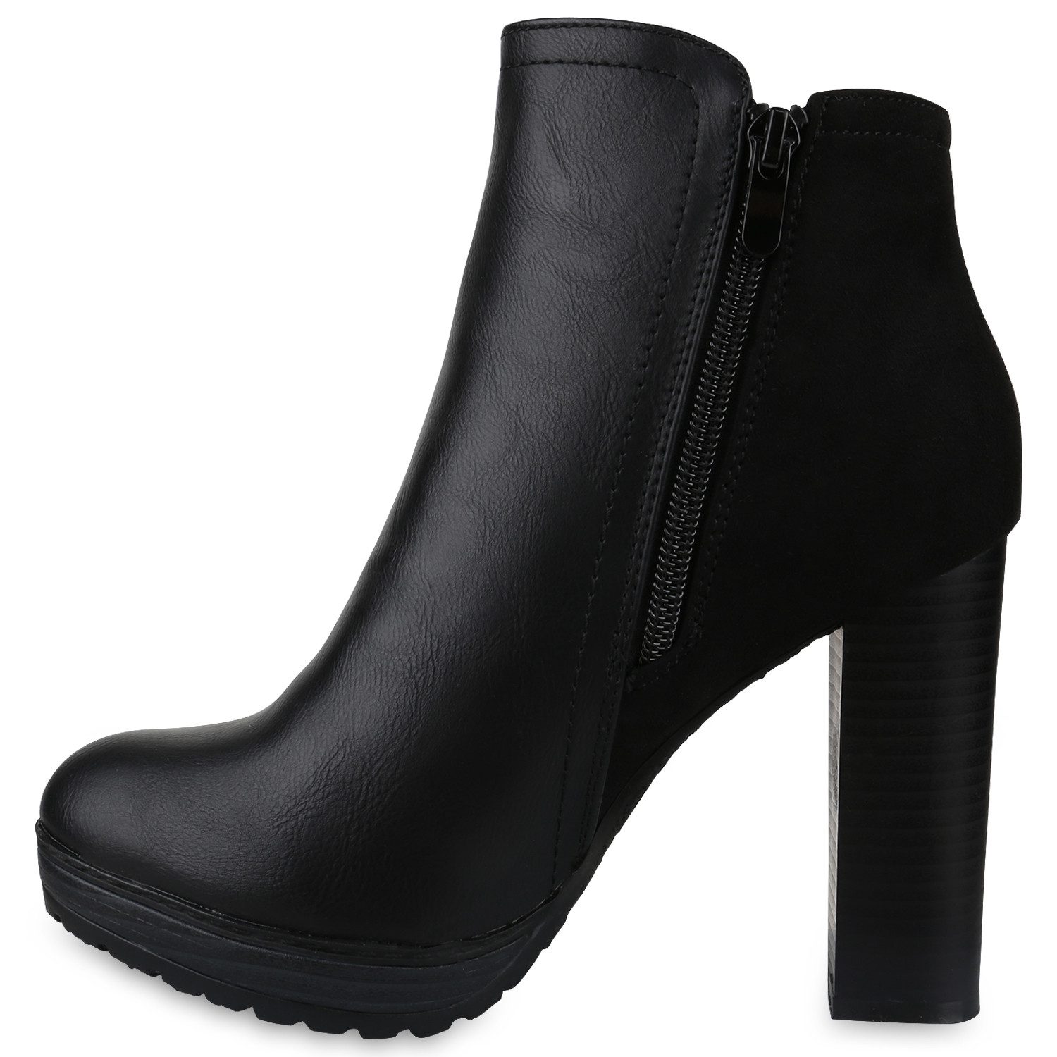 VAN HILL 818507 Plateaustiefelette Damen Stiefeletten Plateau-Boots Zipper Holzoptikabsatz