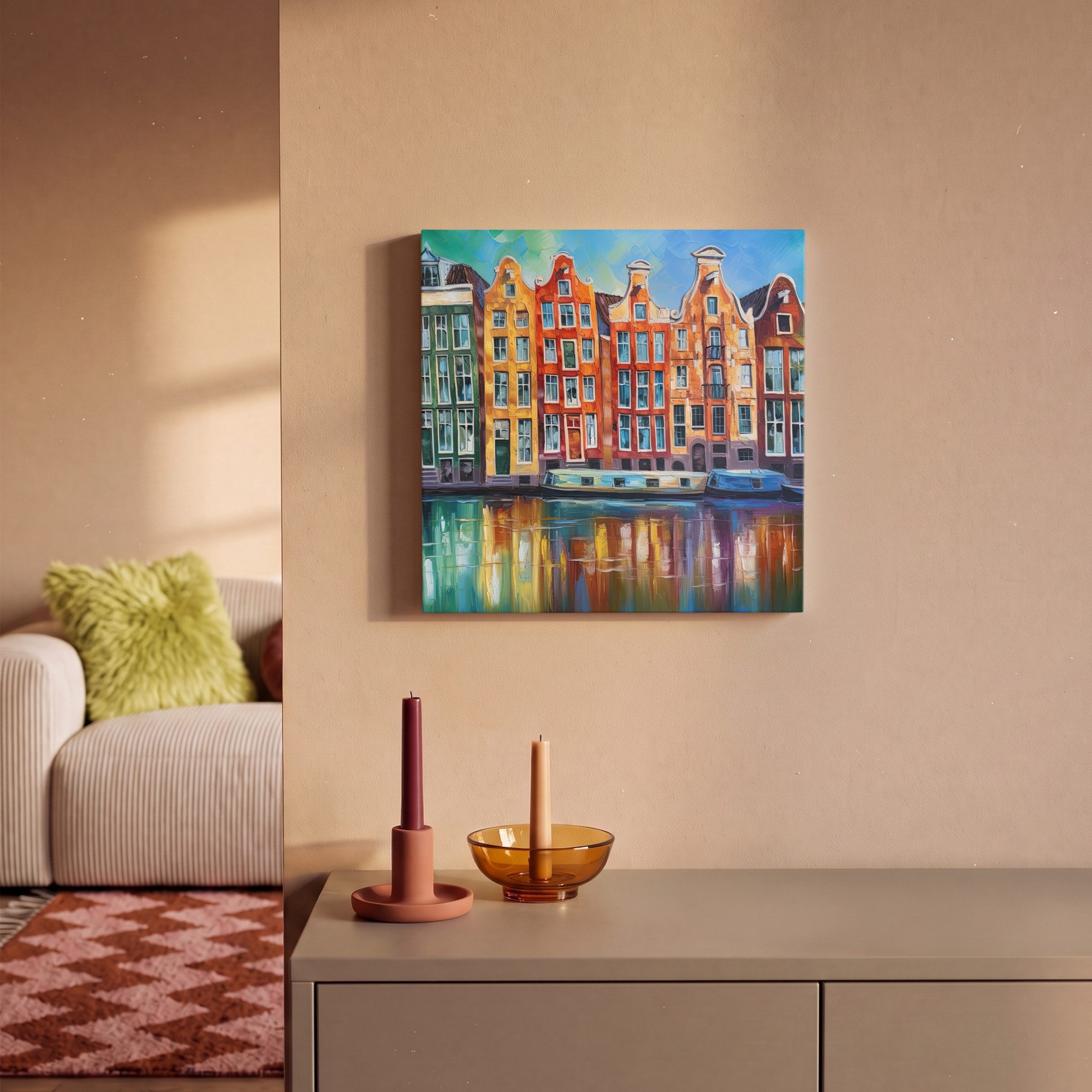 OneMillionCanvasses® Leinwandbild Amsterdam - Ölfarbenoptik - Gracht - Kunstdrucke - Kunst, Fotodruck (1 St), Wandbild, Deko Schlafzimmer Wohnzimmer Flur 20x20  – Bild 2 von 5