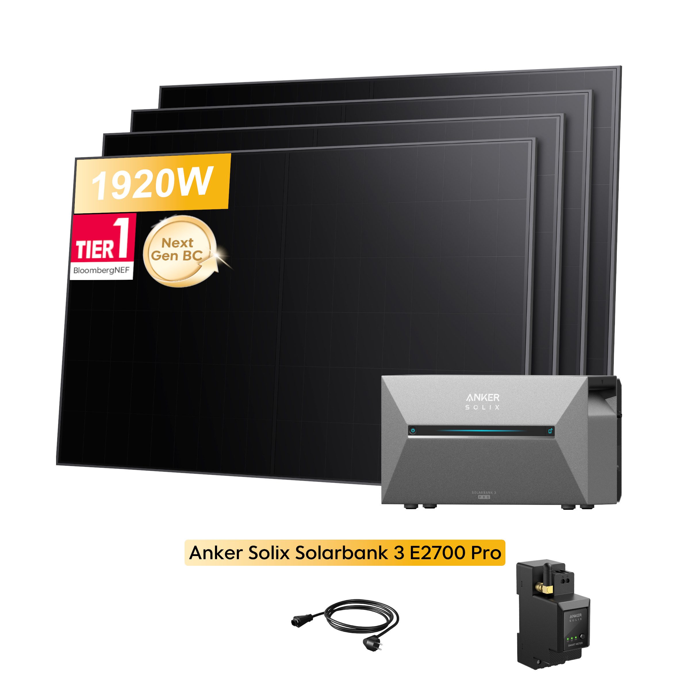 Anker Balkonkraftwerk 1920W Anker SOLIX Solarbank 3 E2700 Pro mit Smart Meter, (0x/1x Smart Meter und 4x 480Wp Solarmodule im Lieferumfang enthalten), Speicher mit integriertem Wechselrichter, All-in-One 2,668kWh Akku