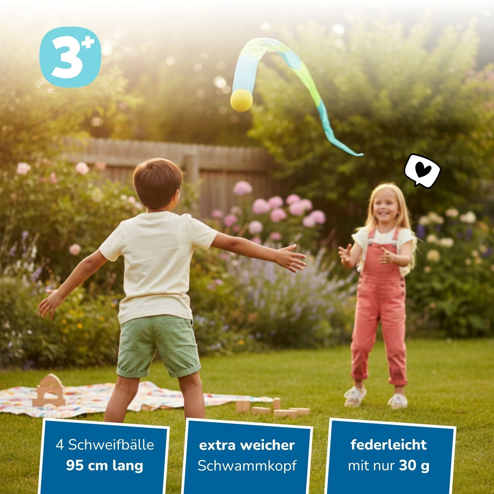 alldoro Schleuderball 4er Set Schweifbälle, Kometenbälle mit weichem Kopf und 95 cm Schweif, Wurfspiel für Kinder ab 3, indoor & outdoor, als Wasserbombe nutzbar