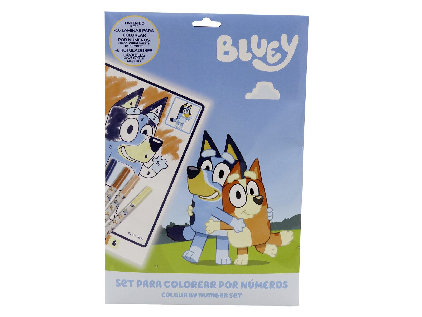 Bluey Malen nach Zahlen Set A4 16 Blätter 6 waschbare Stifte