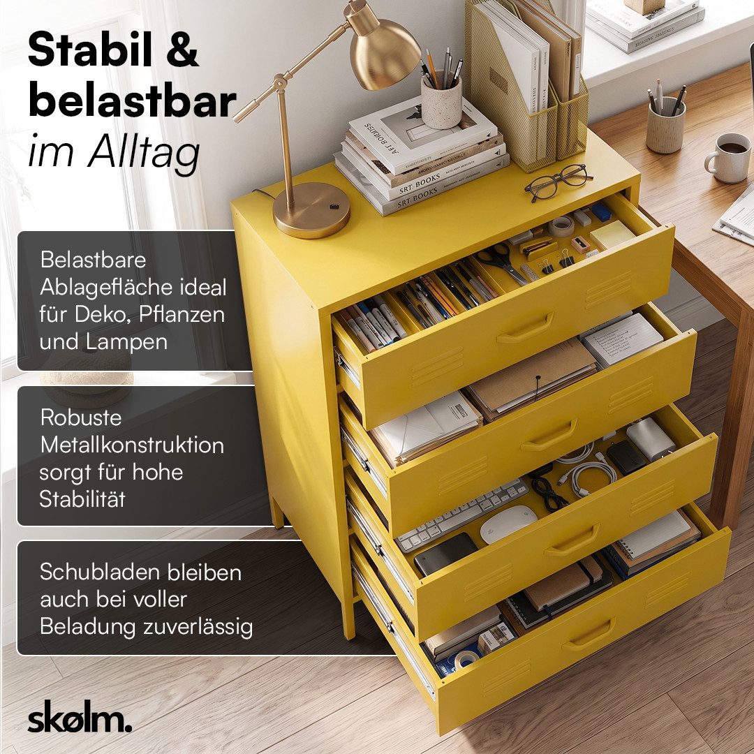 skølm Kommode Atria aus Metall (Senfgelb), Sideboard mit 4 Schubladen, Metallschrank mit höhenverstellbaren Füßen – Bild 3 von 5