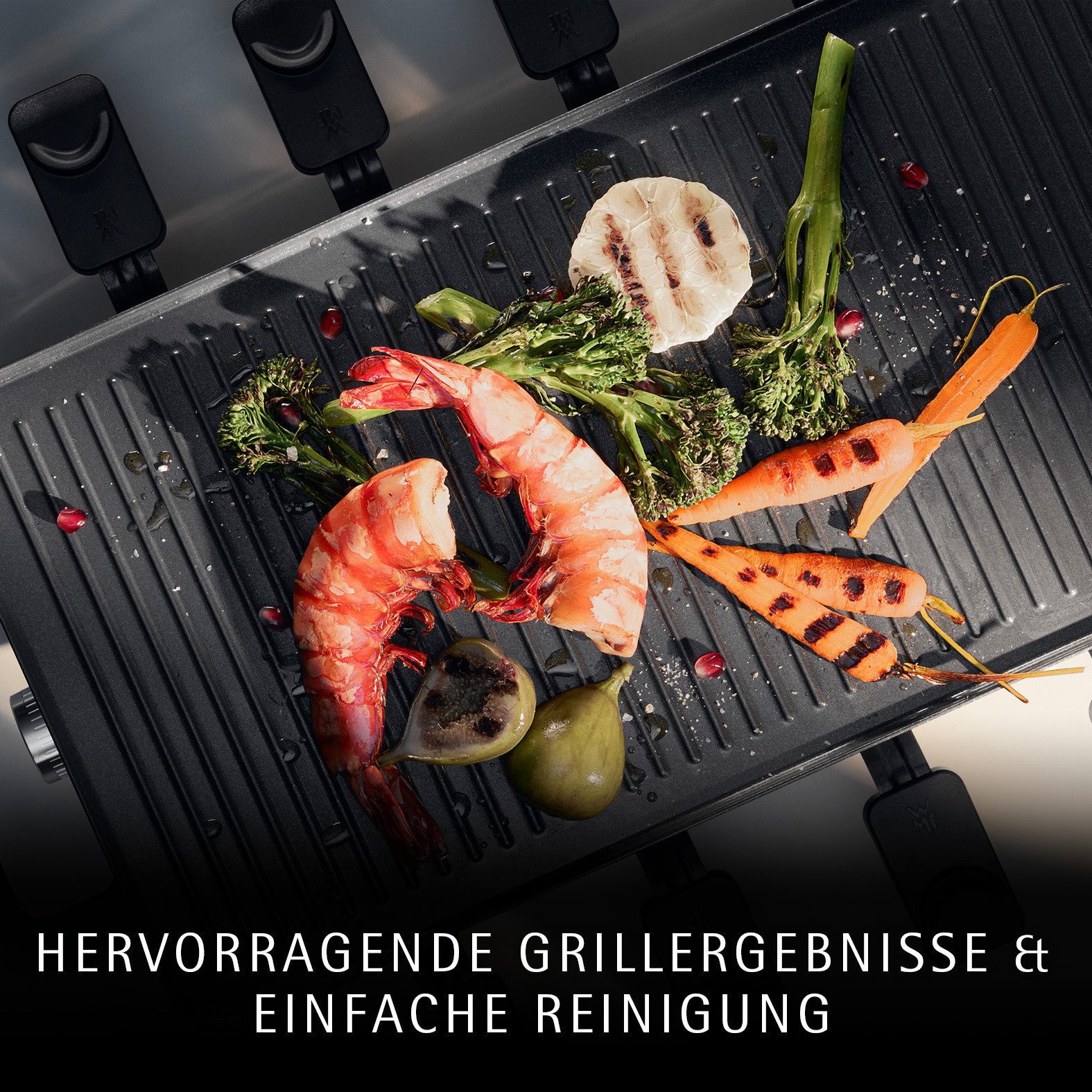 WMF Raclette Master, indirekte LED-Beleuchtung, Keramikbeschichtung, 8 Raclettepfännchen, 1500 W, Variable Temperatur, spülmaschinengeeignete Pfännchen und Spatel