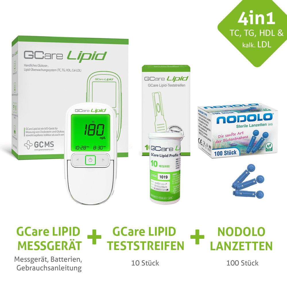GCare Lipid Cholesterin Messgerät 4 in1 (TC, TG, HDL& kalk. LDL), Kombiset, Mit 10 Teststeifen, 100 Lanzetten, hochwertiges Etui etc.