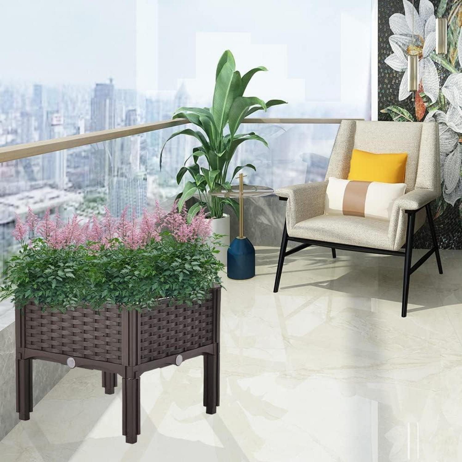 LuxusKollektion Blumenkasten Blumenkübel Rattan Optik Selbstbewässerung Spalier 40x40x38cm Braun