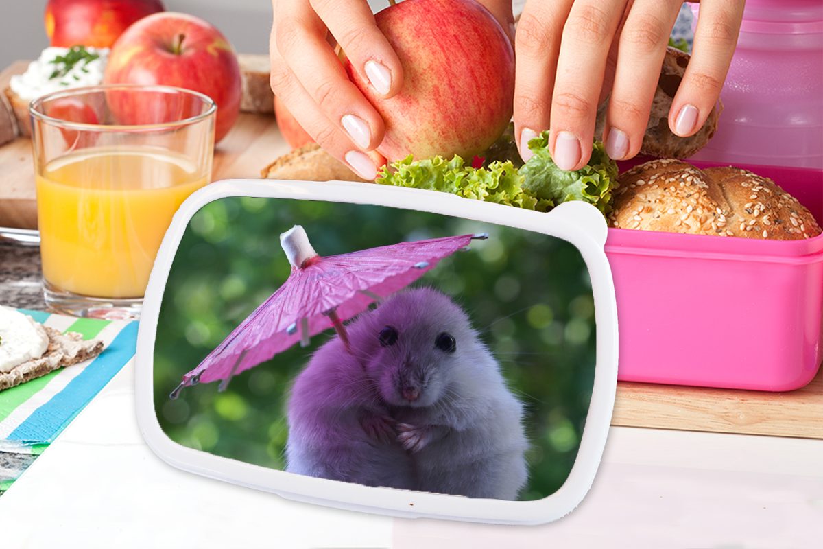 MuchoWow Lunchbox Hamster mit rosa Erwachsene, Snackbox, (2-tlg), Brotbox für Kinder, Kunststoff, Kunststoff Sonnenschirm, Brotdose Mädchen