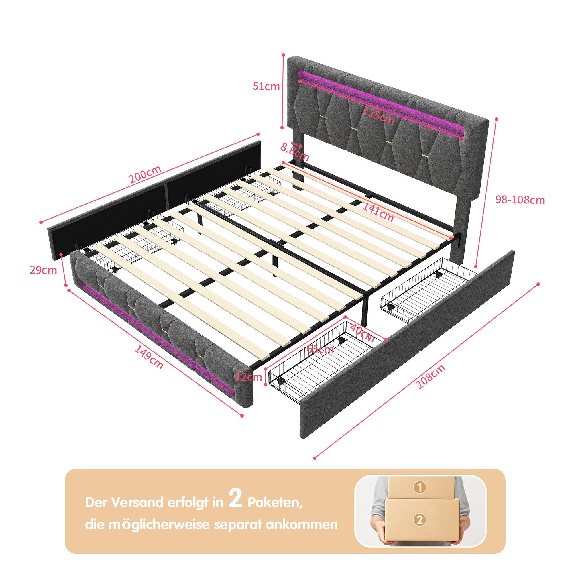 Simurq Polsterbett Polsterbett 140x200 Doppelbett Leinen Grau mit RGB LED & 4 Schubladen (Bettgestell mit 4 Schubladen, Bettgestell mit 4 Schubladen)