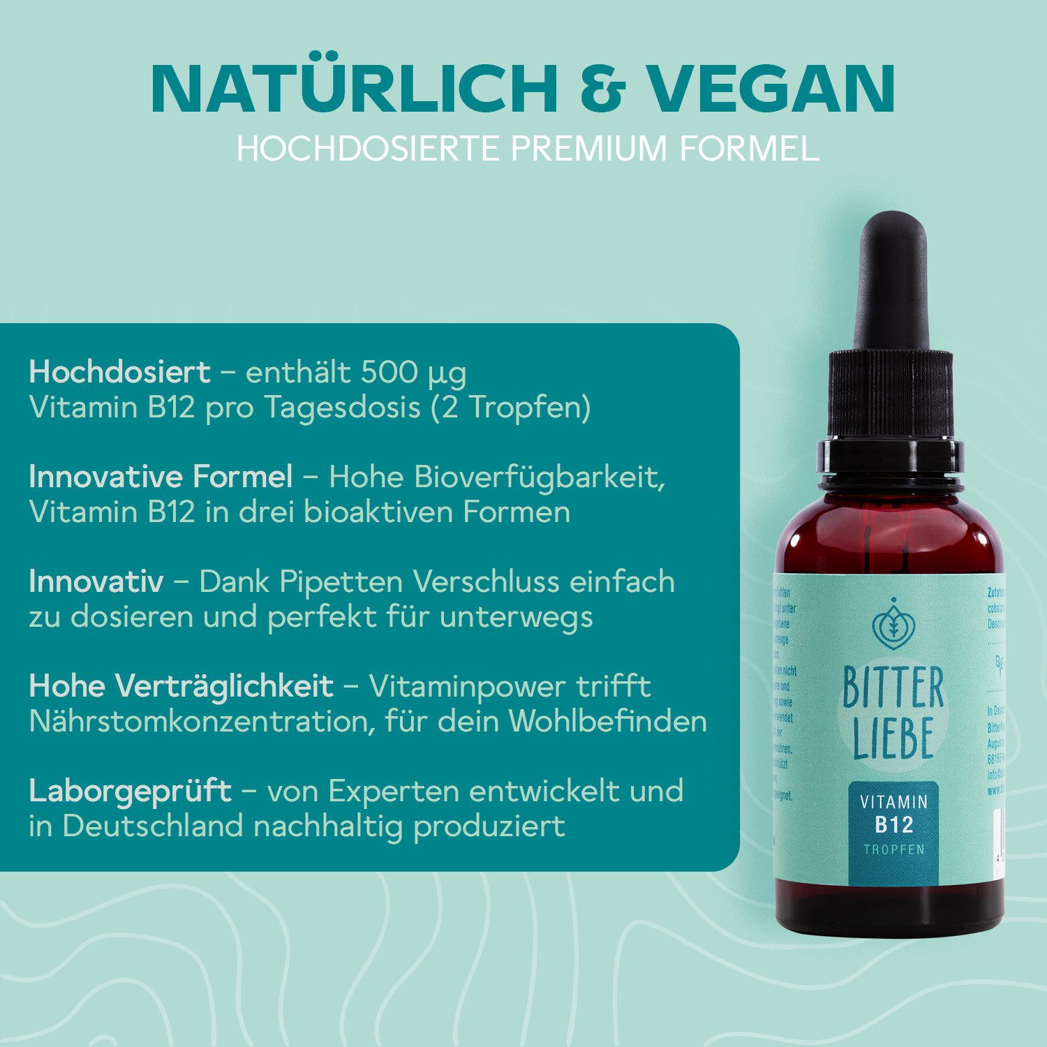 BitterLIebe - Vitamin B12 Komplex - Vitamin B12 Tropfen - hochdosiert 500µg - Tropfen