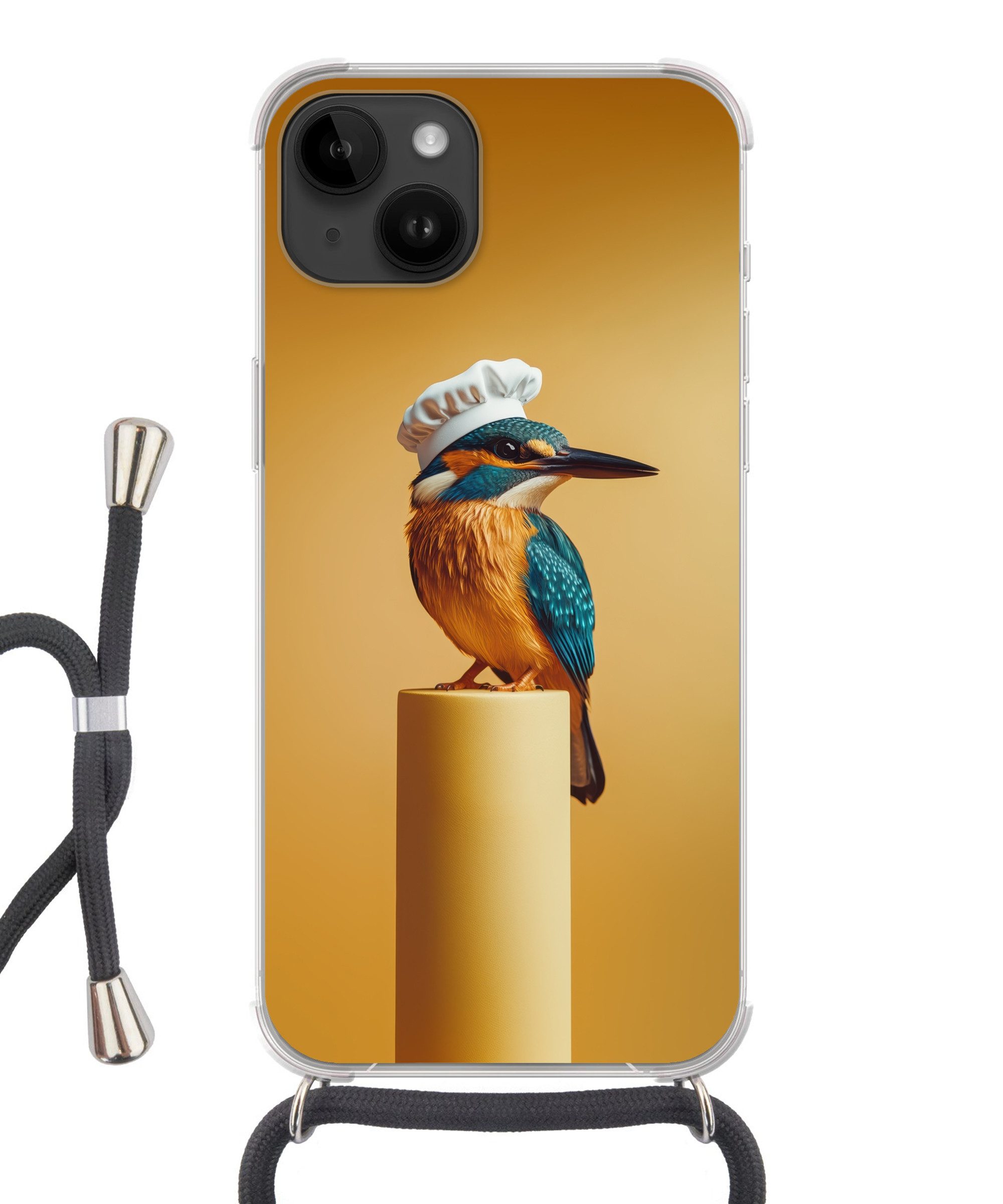 MuchoWow Handyhülle für Apple iPhone 14 Eisvogel - Säule - Kochmütze - Vogel, Tragbare Handyhüllen mit Kette zum umhängen, Handykette Handyband
