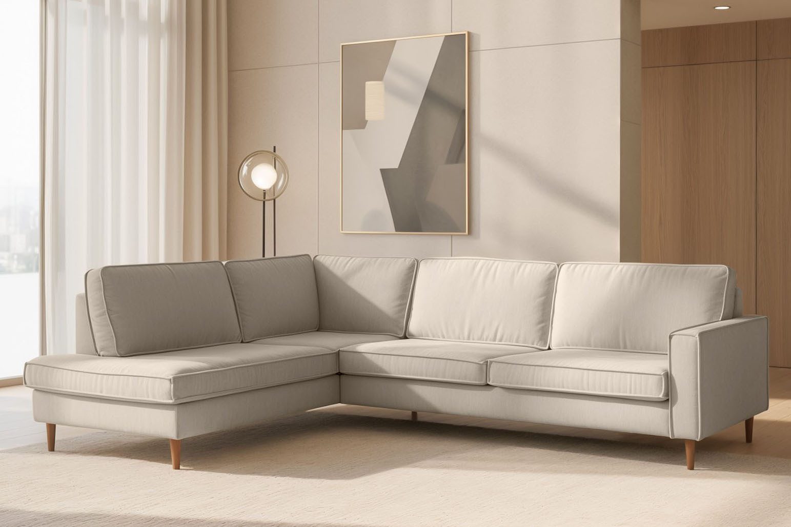 Home affaire Ecksofa Pinto Skandi, 290 cm, Chenille, Struktur, Ottomane links / rechts, mit Keder, Massivholzfüße Eiche geräuchert, Wellenunterfederung