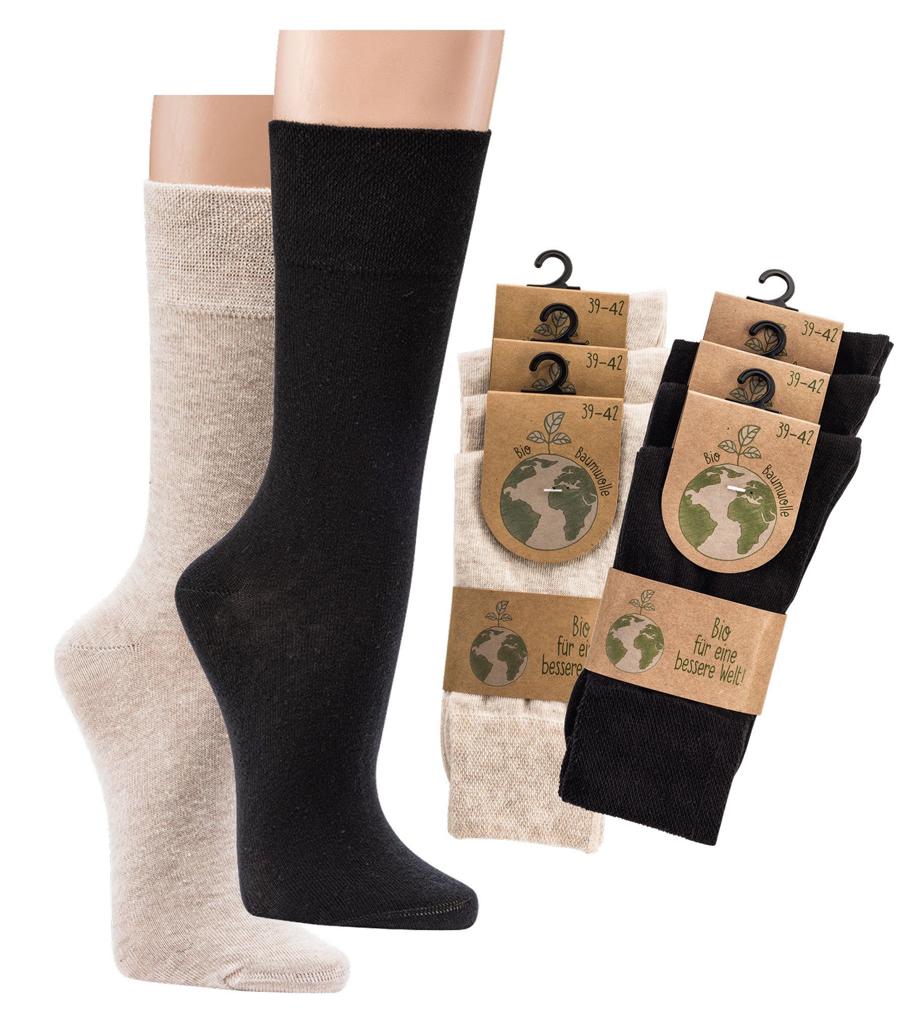 TippTexx 24 Komfortsocken 6 Paar Wellness-Socken aus Bio-Baumwolle mit Anti-Loch-Garantie (6 Paar) handgekettelt, ohne Gummidruck, breiter Piqué-Komfortbund