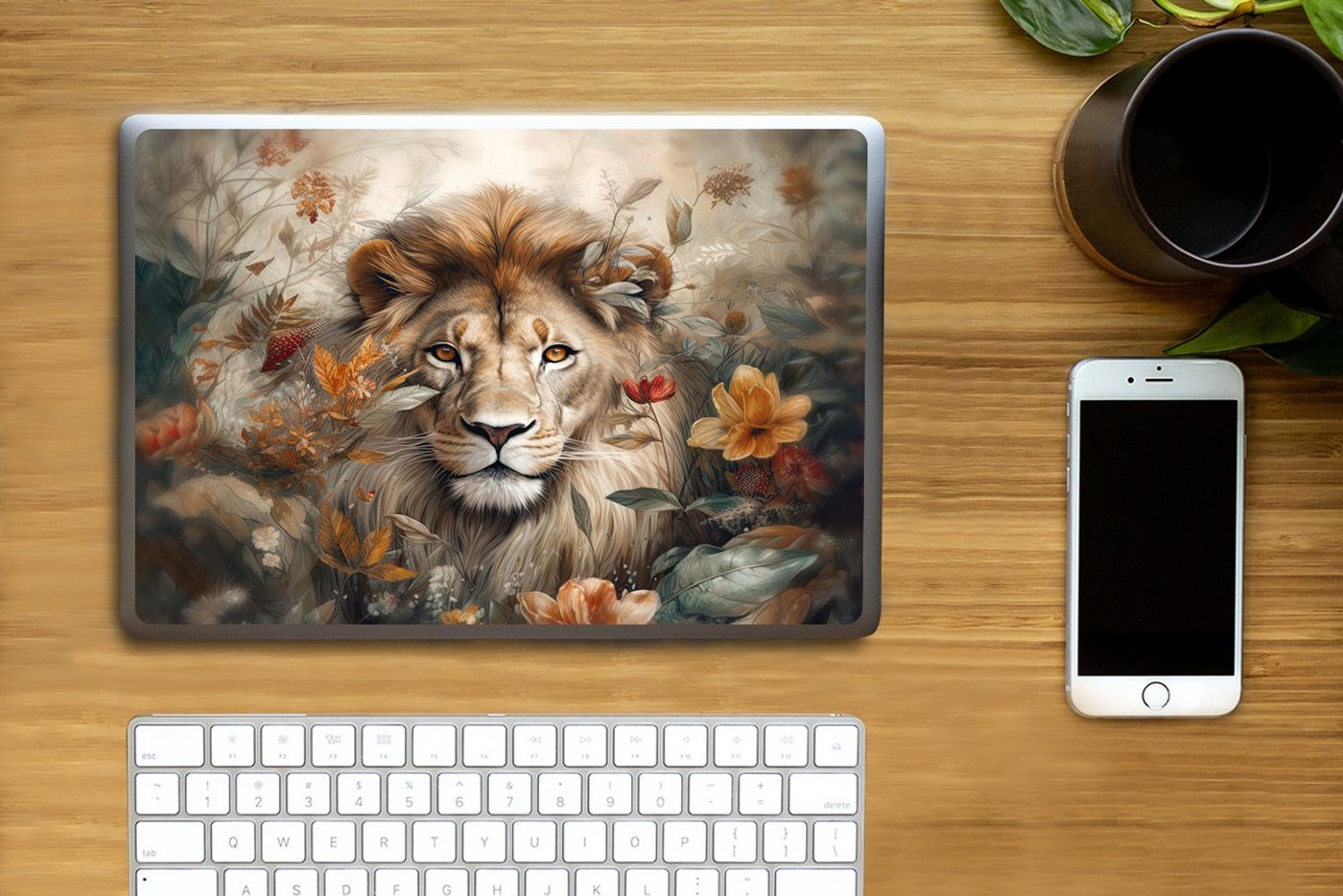 Thumbnail - MuchoWow Laptop-Aufkleber Löwe - Wildtiere - Pflanzen - Natur - Blumen, (1tlg), Laptop Folien Cover, Aufkleber, Sticker,...