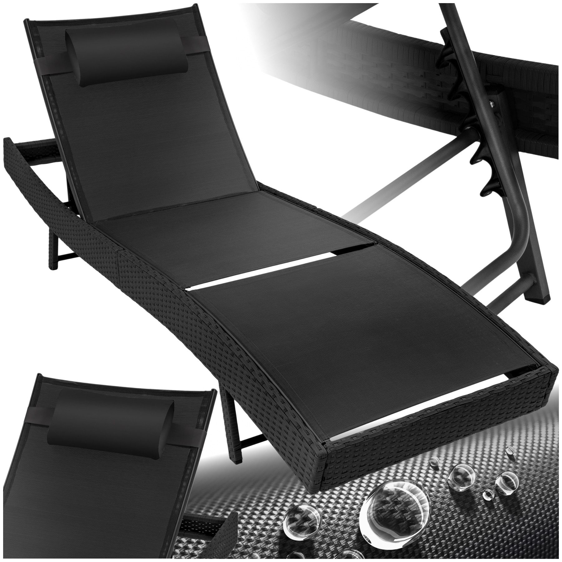 tectake Gartenliege Rattan Sonnenliege, abnehmbares Kopfkissen, 69 x 211 x 41 - 94 cm, Balkonliege Moana, 1 St., für Außen in Schwarz, widerstandsfähig und UV-beständig, luftdurchlässig, verstellbar