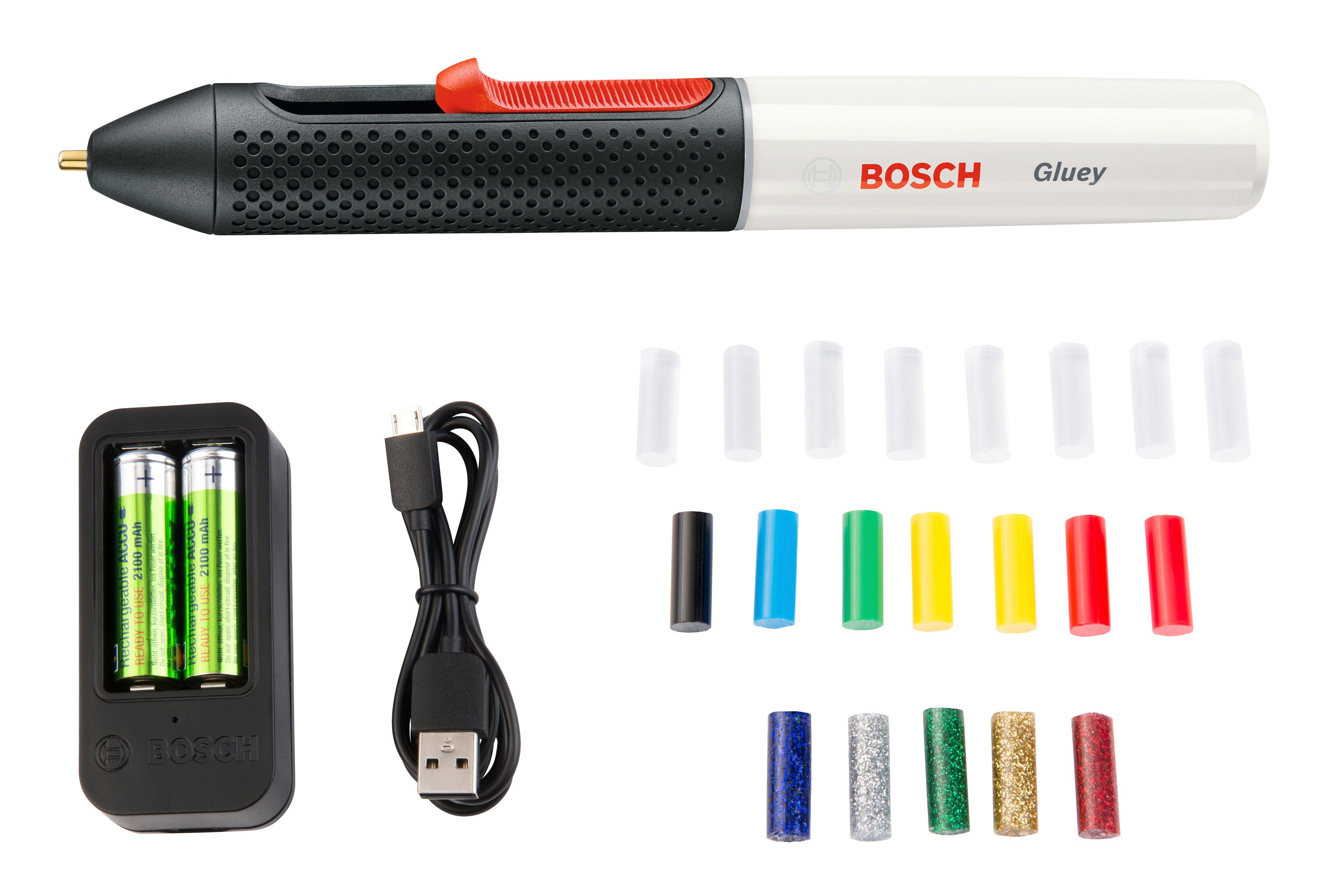 Bosch Home & Garden Heißklebestift Gluey, pink, (USB-Ladegerät & -Kabel, 2x1,2 V HR06 (AA) Akkus), inkl. 20 Mini-Klebesticks in vielen Farben