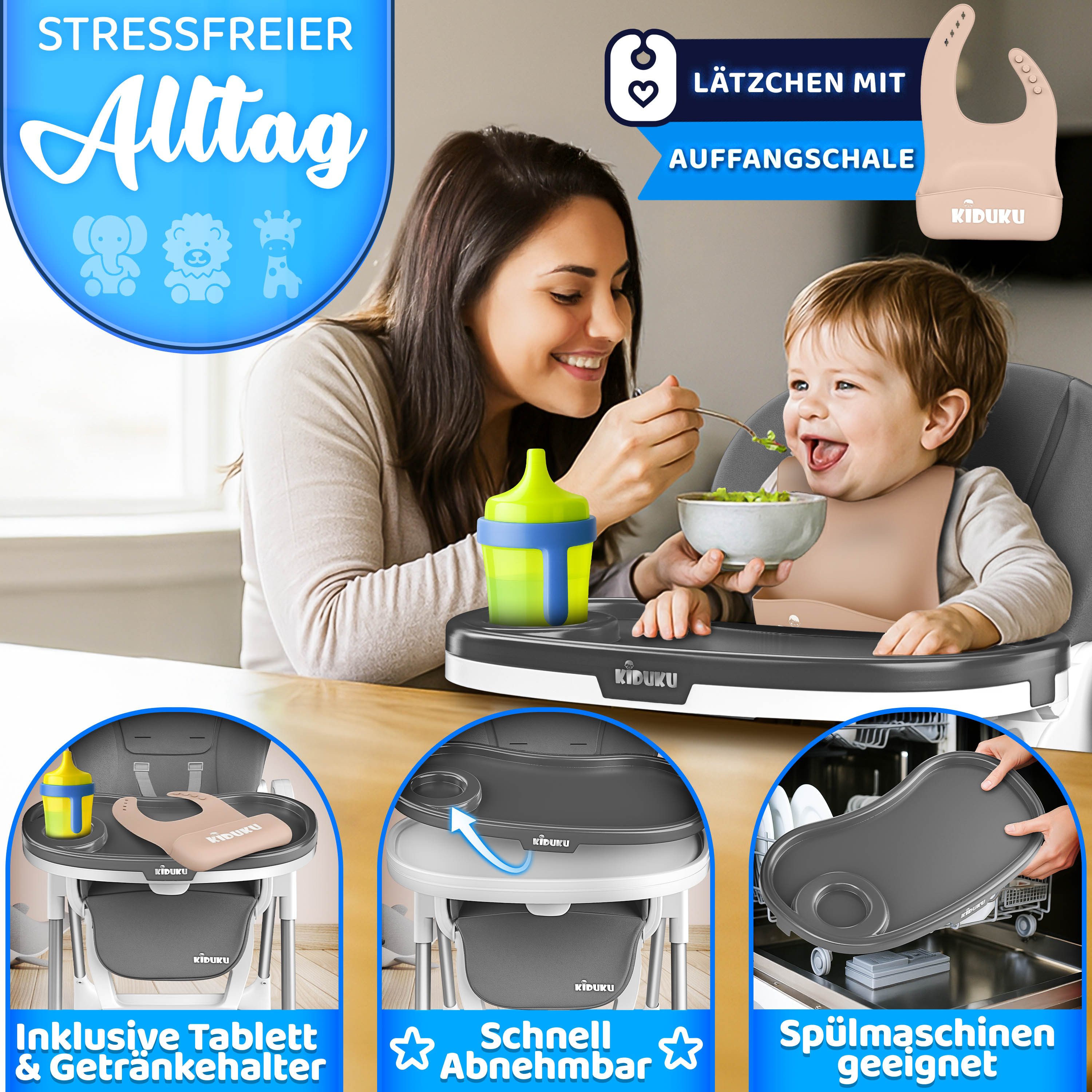 KIDUKU Hochstuhl KIDUKU® Hochstuhl Baby 3in1 mit Neugeborenenaufsatz + Lätzchen, Spielb (Tisch Kinderhochstuhl klappbar mit Liegefunktion 0-36 Monate), Baby 3in1 mit Neugeborenenaufsatz + Lätzchen, Spielbogen