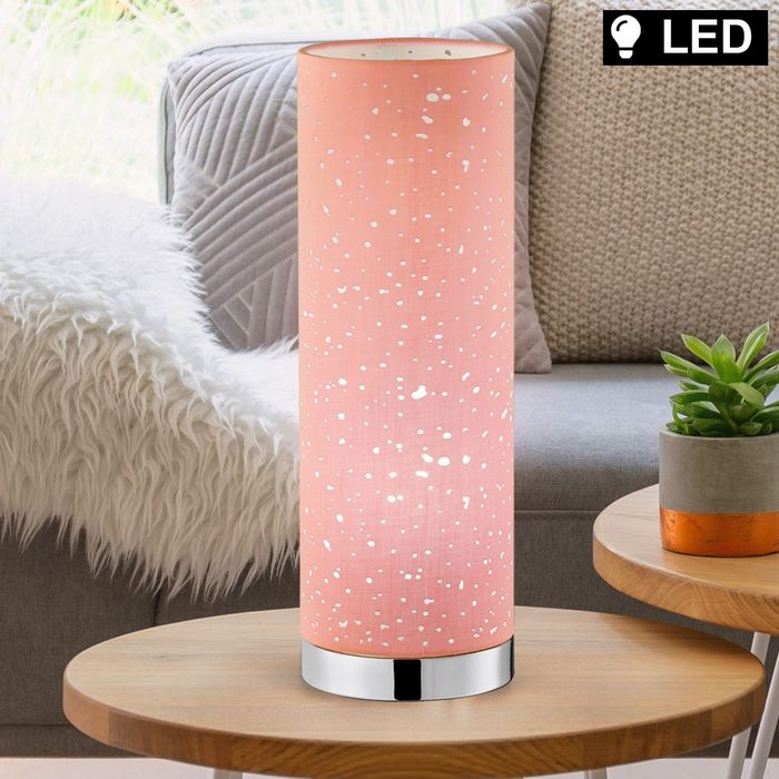 etc-shop LED Tischleuchte Leuchtmittel inklusive Warmweiß Design Nacht Schreib Tisch Leuchte Textil pink Zylinder Chrom