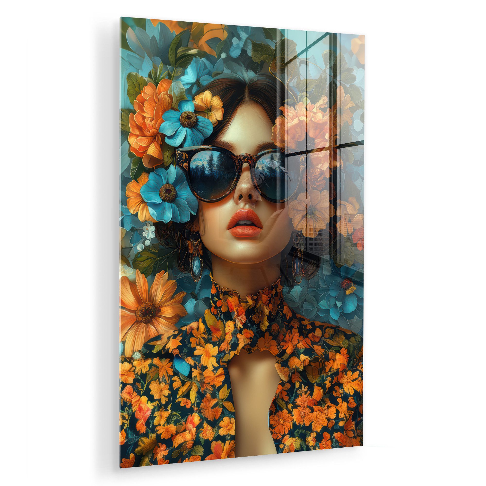 MuchoWow Acrylglasbild Frau - Blumen - Orange - Blau - Modern, Inkl. Aufhängung, Dekorative Bild für Küche & Wohnzimmer auf Glas, 20x30 cm