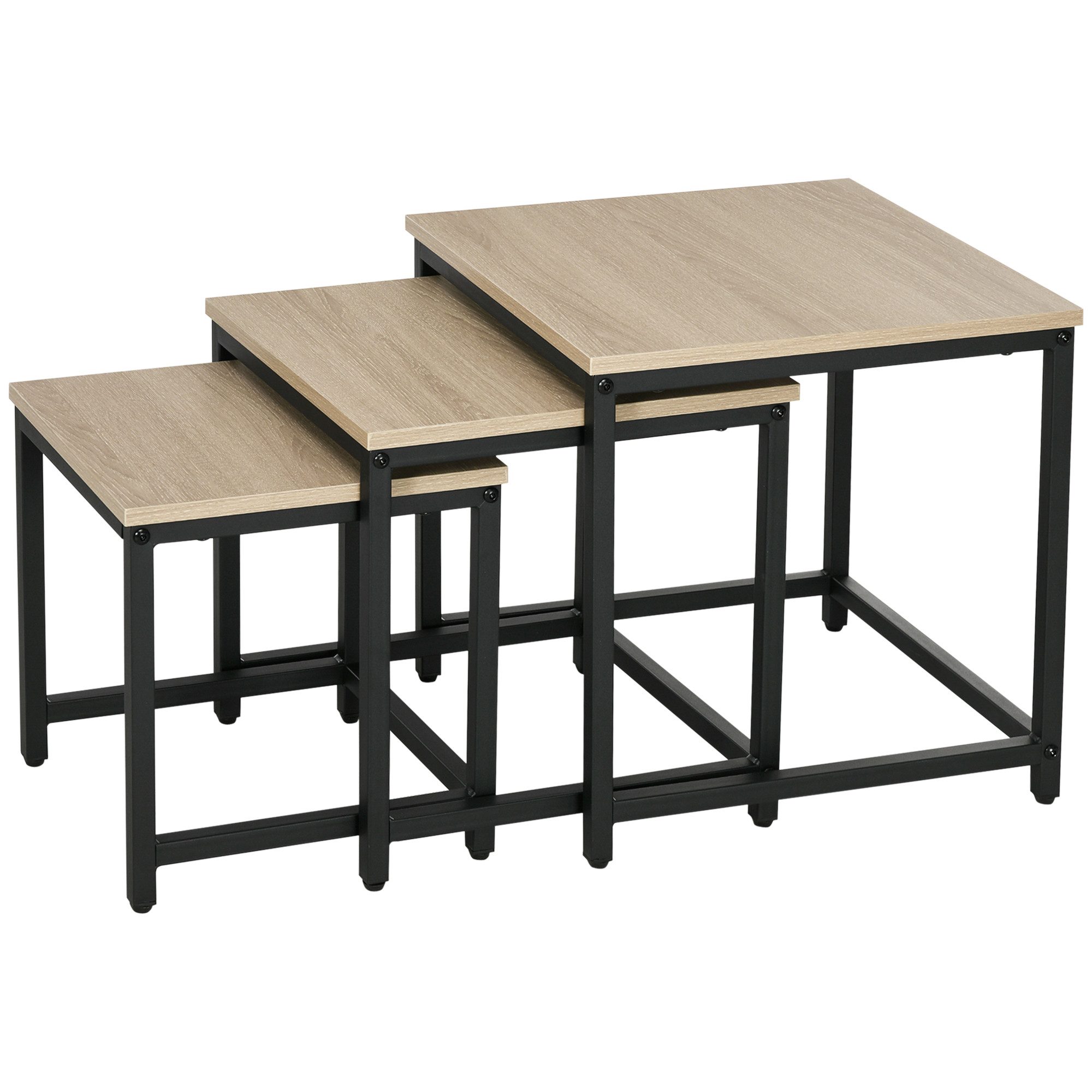 HOMCOM Couchtisch Quadratischer Satztisch im Industriedesign mit Holzoptik (Sofatisch, 3-St., Beistelltisch), Naturholz Spanplatte, Stahl – Bild 2 von 5