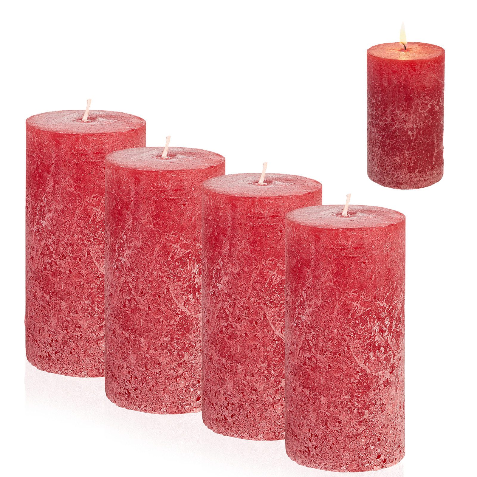 Candelo Stumpenkerze 4er Set Kerze Rustic Stumpenkerze - Rot - 12cm - Brenndauer ca. 54 Std, 4er Set Rustic Stumpenkerzen - 12cm - Brenndauer ca. 54 Std