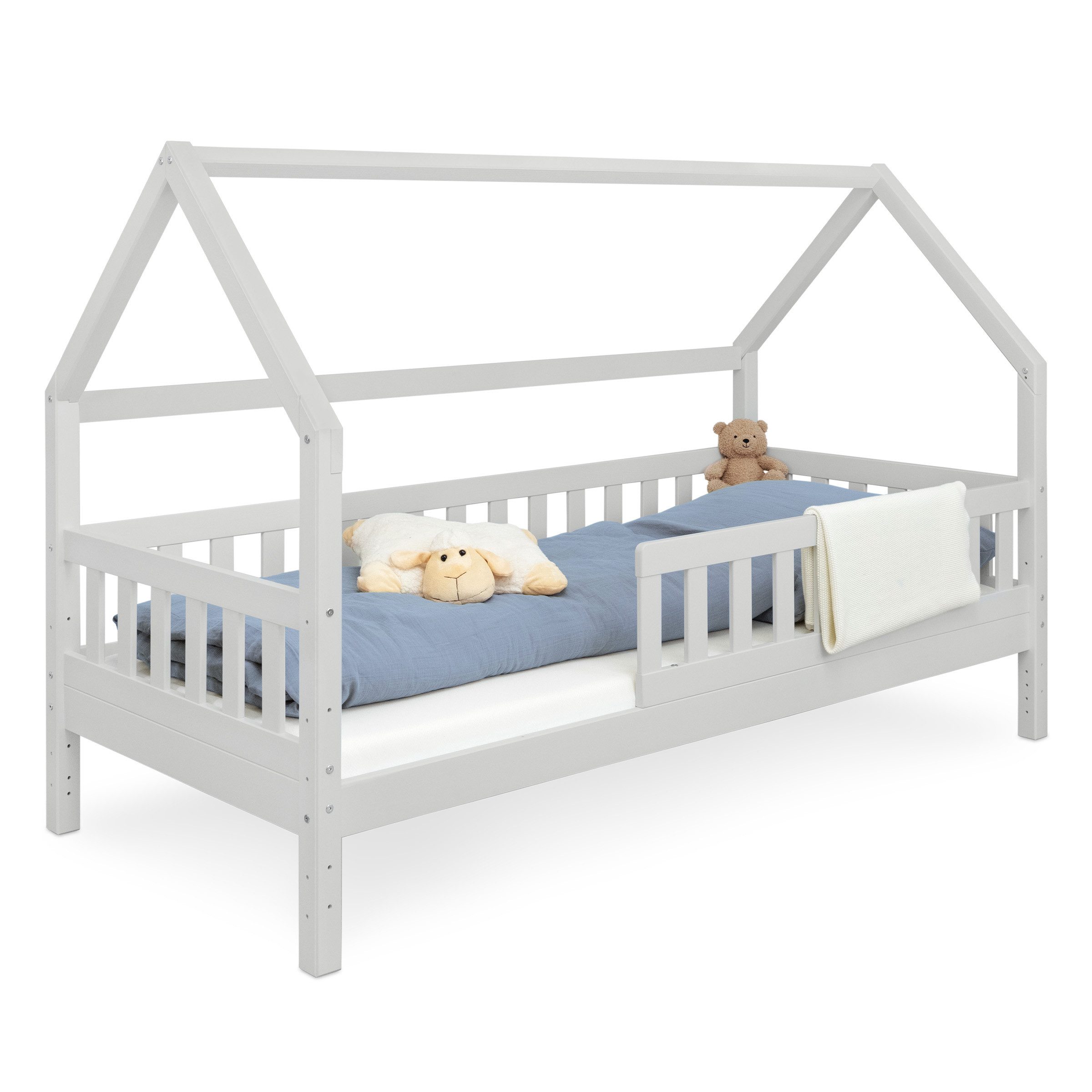 Ehrenkind Hausbett Lille aus massivem Kiefernholz inkl. Rausfallschutz und Rollrost (90x200 cm Hellgrau, Hausbett mit optionalem Stauraum), 2 in 1 Aufbau bodentief oder Standardhöhe