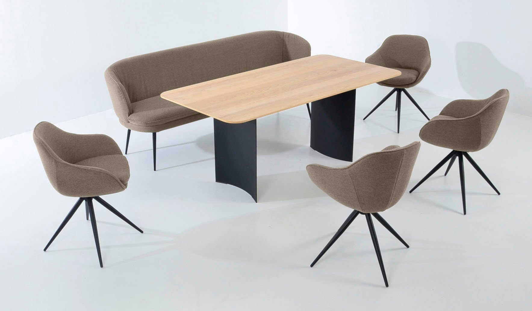 K+W Komfort & Wohnen Essgruppe 4 Tisch und ZOOM, Essgruppe mit Sesseln abgerundete Solobank, 1
