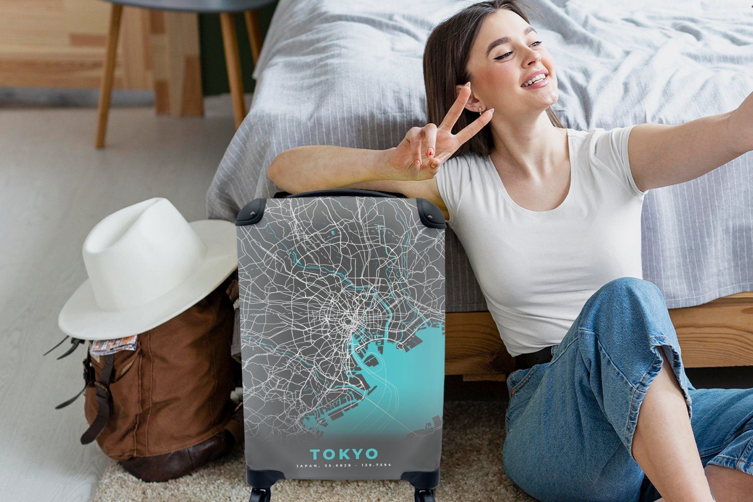 Reisetasche Handgepäckkoffer - Trolley, Stadtplan 4 Ferien, - MuchoWow Karte, mit Rollen, rollen, Reisekoffer - Tokio Blau Handgepäck für
