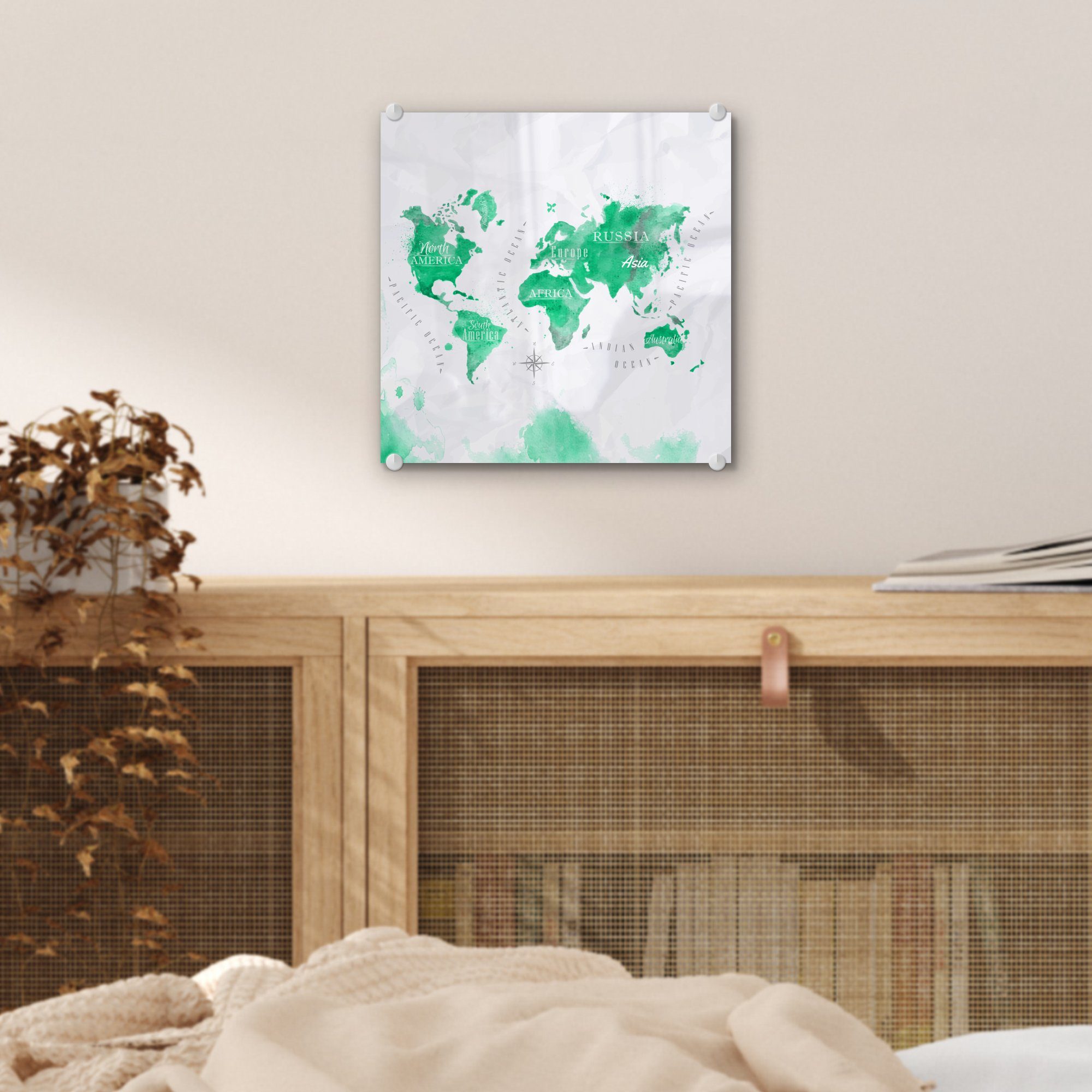 (1 Acrylglasbild Weltkarten Glas - Grün MuchoWow Farbe, St), - auf Wandbild auf Foto - - Glasbilder Wanddekoration Glas Bilder -