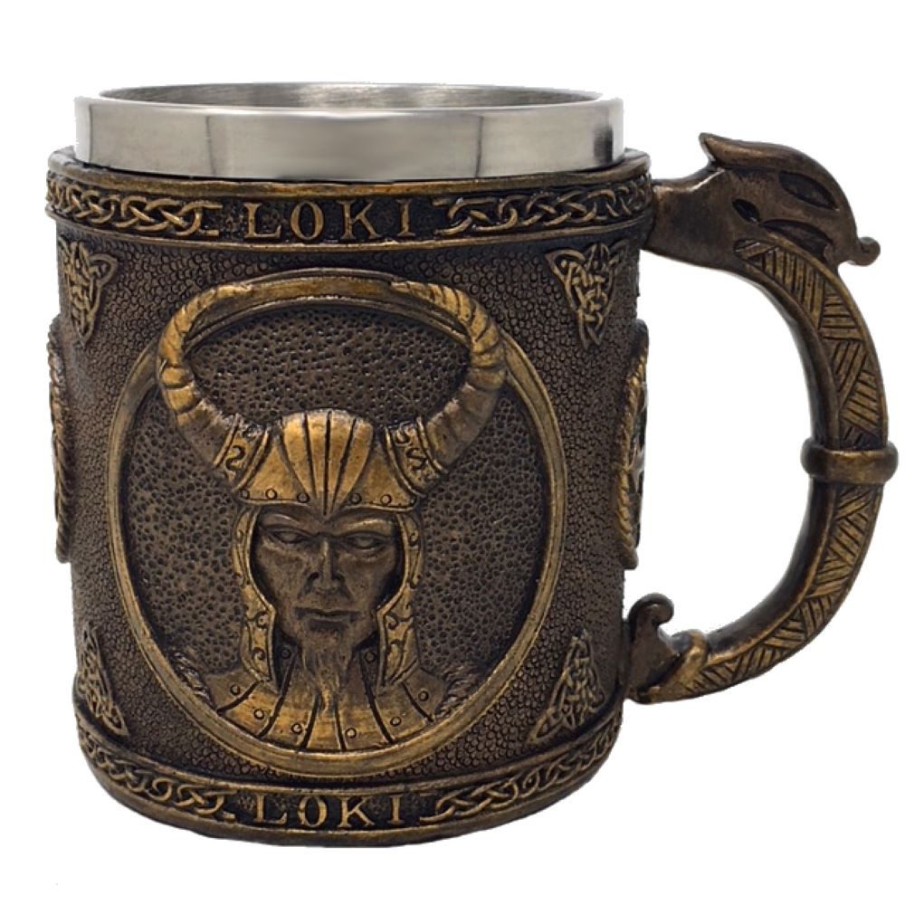 MystiCalls Bierkrug Krug Loki - Götterkrug Wikinger Met, Polyresin, Herausnehmbarer Metalleinsatz