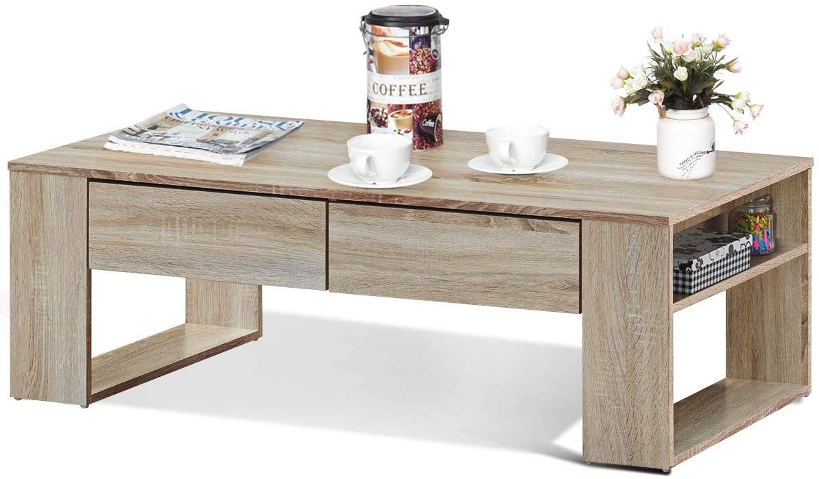 COSTWAY Couchtisch, mit 2 Schubladen & Fach, aus Holz, 120 x 60 x 40 cm